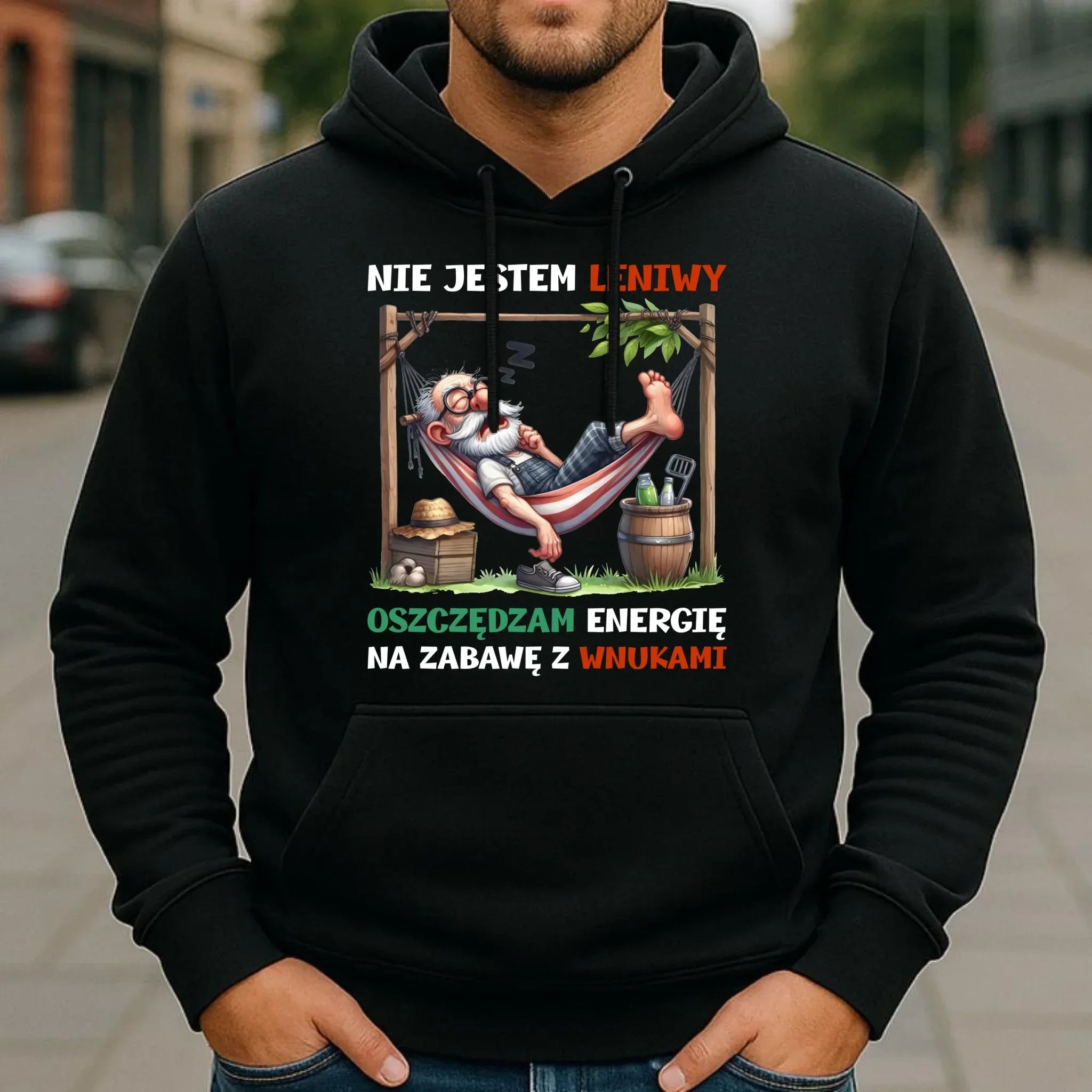 Bluza z kapturem dla dziadka - Nie jestem leniwy oszczędzam energię D39 - StoryCups.pl