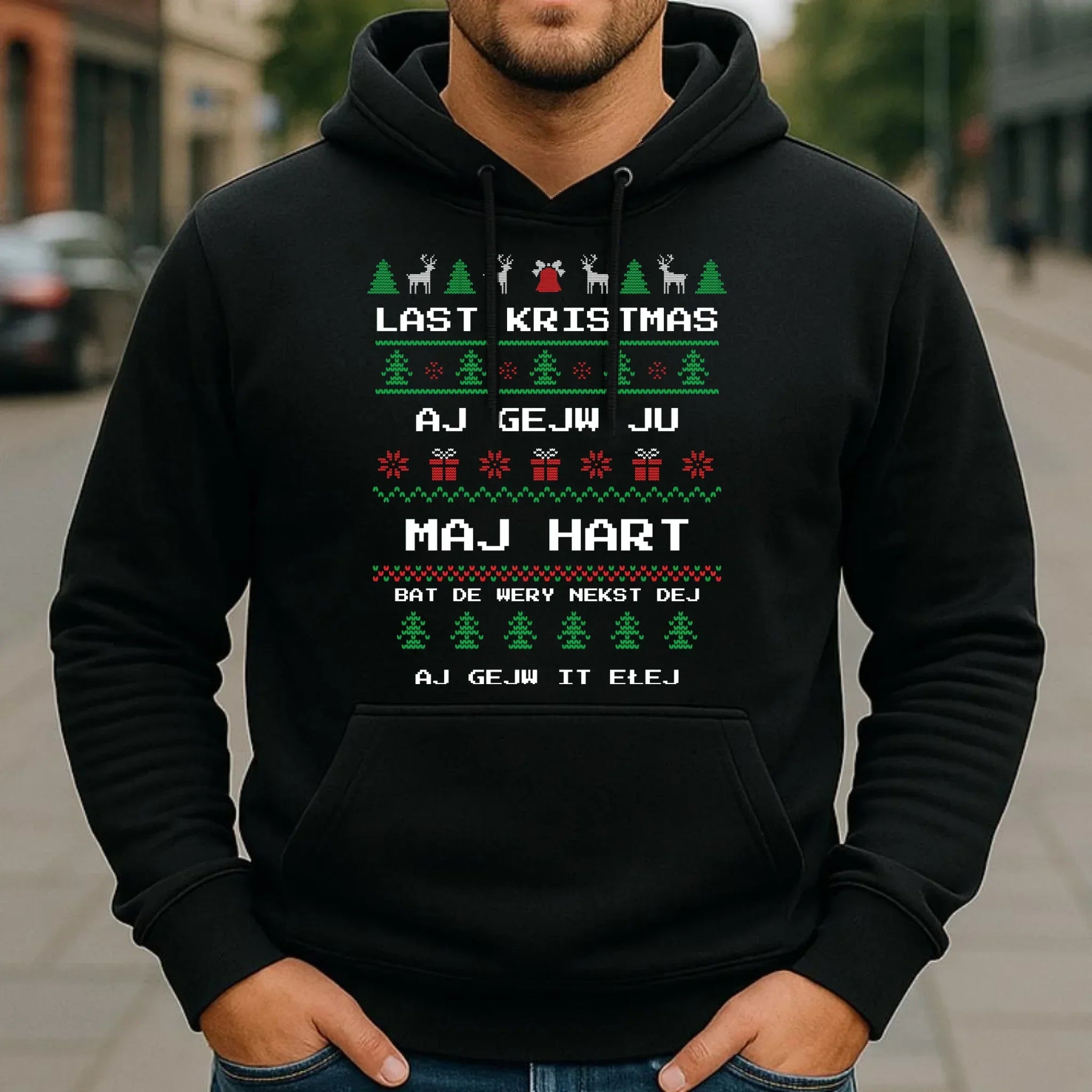 Bluza męska z kapturem świąteczna - Last kristmas aj gejw ju maj hart BN13 - StoryCups.pl