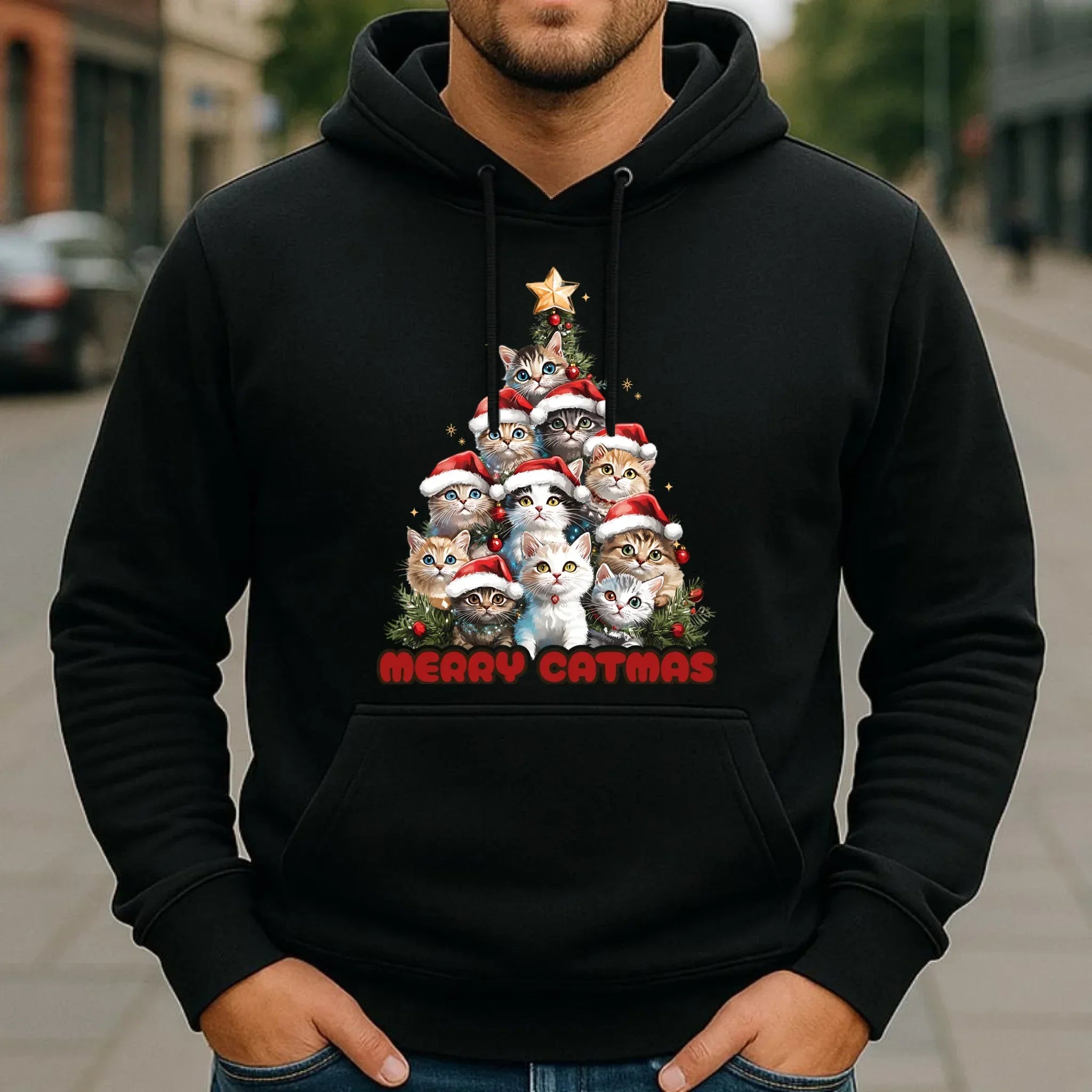 Bluza męska z kapturem świąteczna - Kocia choinka Merry Catmas BN20 - StoryCups.pl