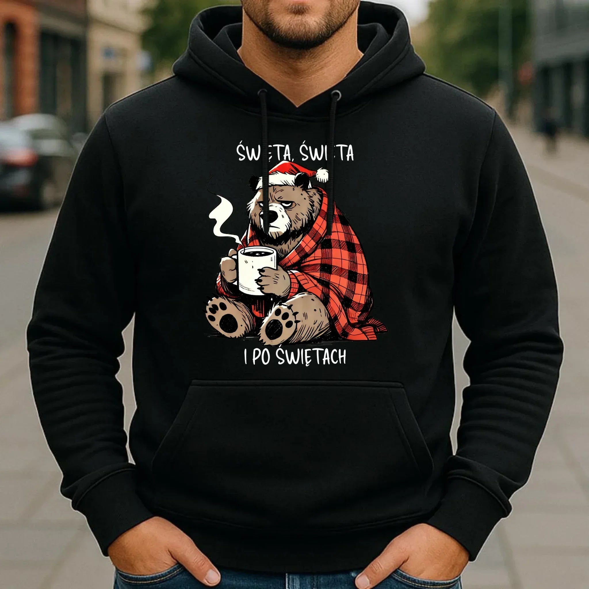 Bluza męska z kapturem świąteczna - Miś Święta, święta i po świętach BN16 - StoryCups.pl