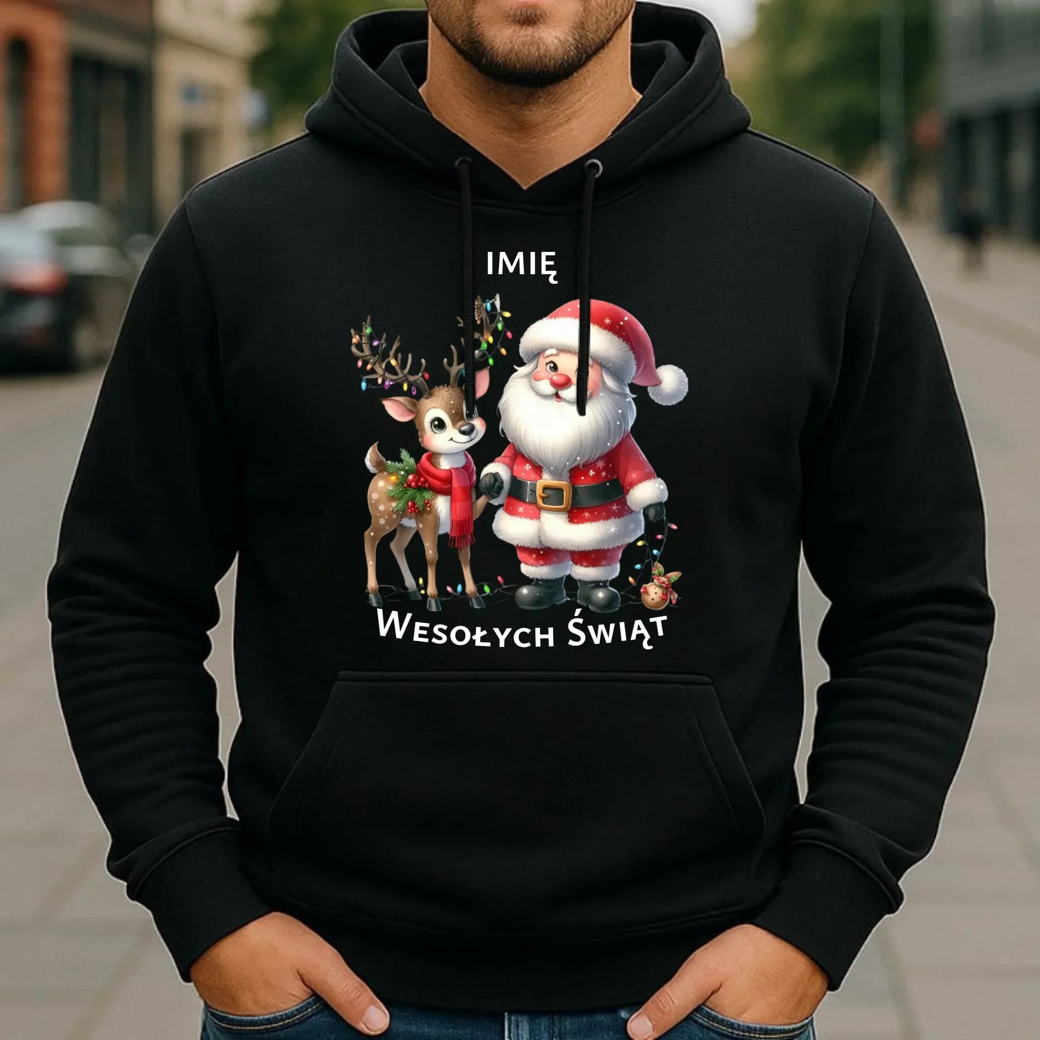 Bluza męska z kapturem świąteczna - Mikołaj z reniferem - personalizowana BN09 - StoryCups.pl