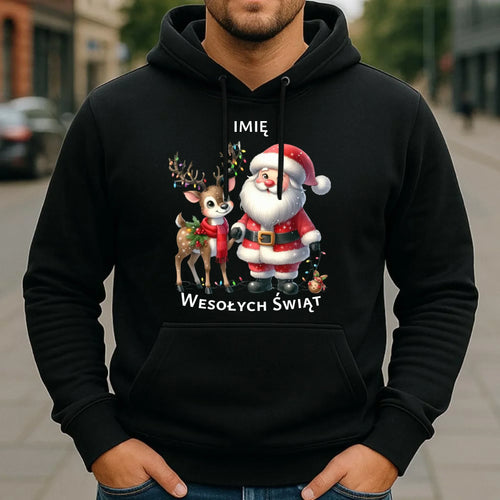 Bluza męska z kapturem świąteczna - Mikołaj z reniferem - personalizowana BN09 - StoryCups.pl