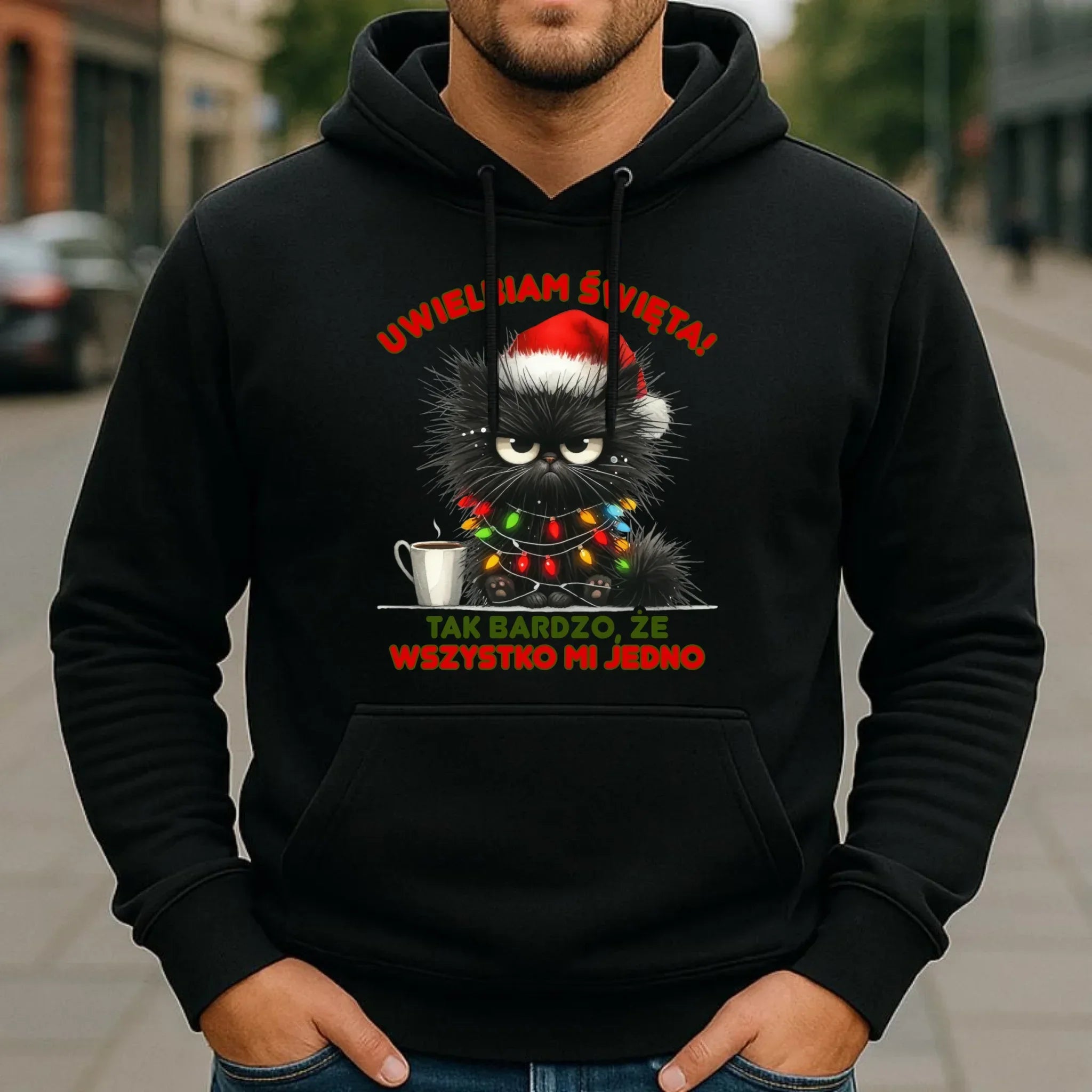 Bluza męska z kapturem świąteczna - Kot Maruda Wszystko mi jedno BN35 - StoryCups.pl
