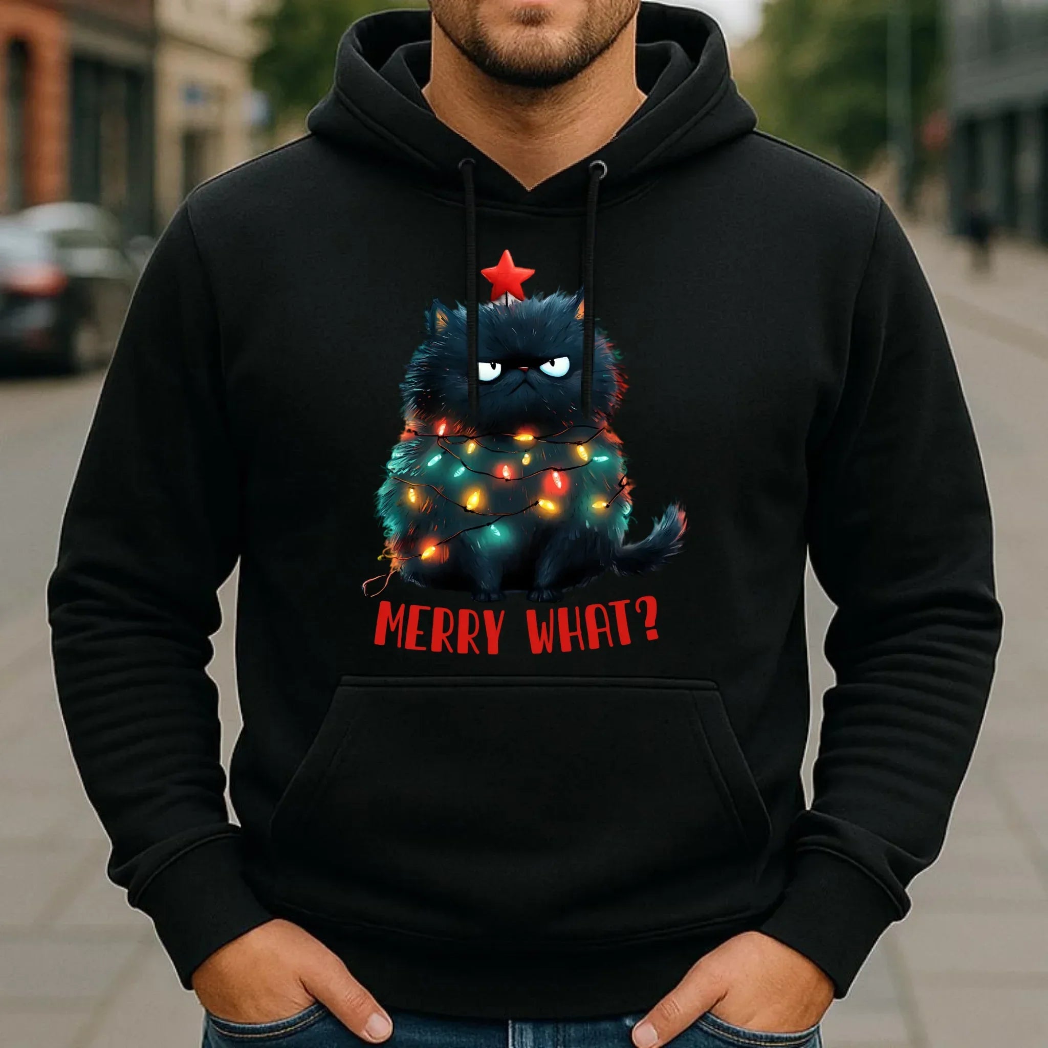 Bluza męska z kapturem świąteczna - Grumpy Cat Merry what? BN37 - StoryCups.pl