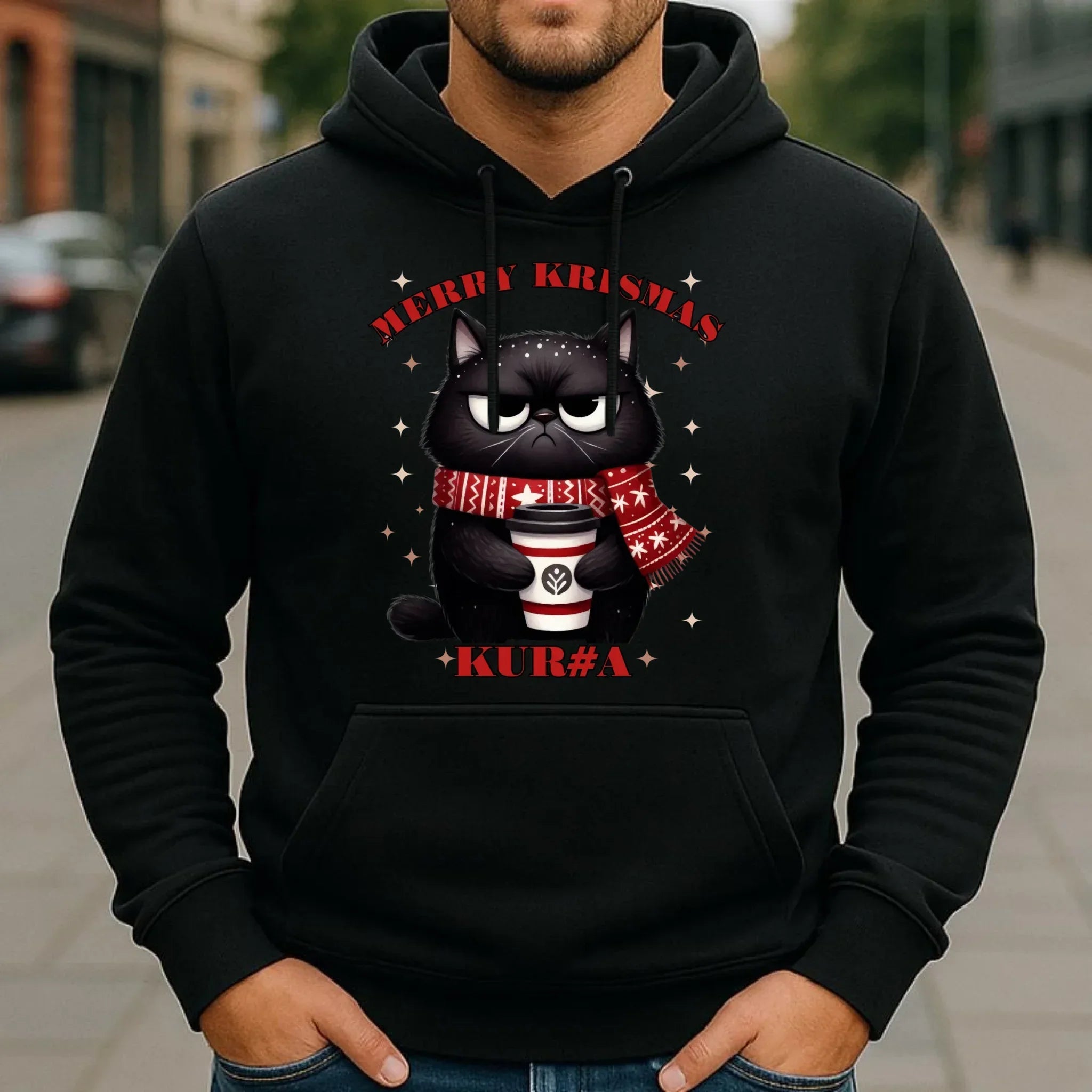 Bluza męska z kapturem świąteczna - Zburczany kot Merry Krismas kur#a - bez cenzury BN34 - StoryCups.pl