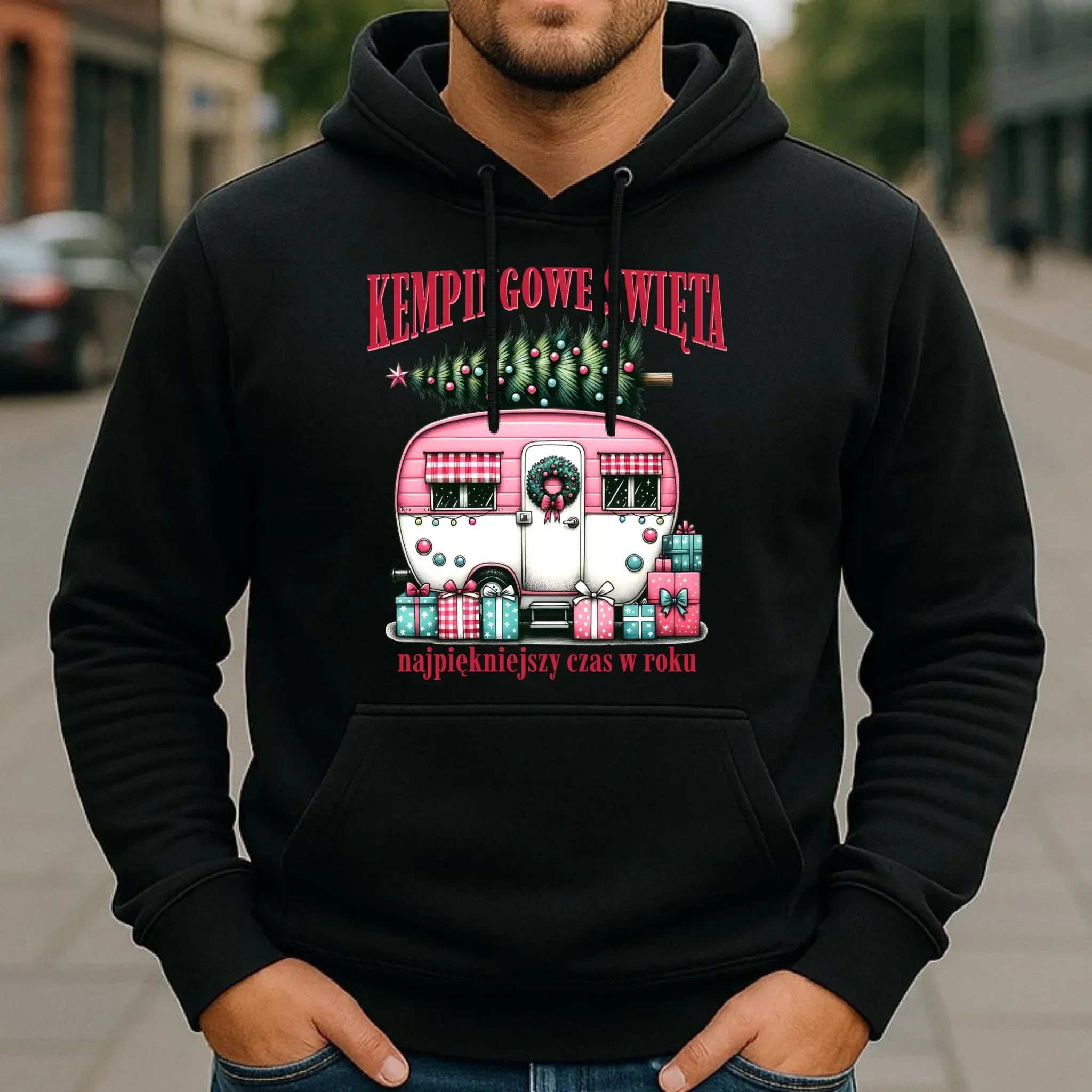 Bluza męska z kapturem świąteczna - Kamper Kempingowe Święta BN40 - StoryCups.pl