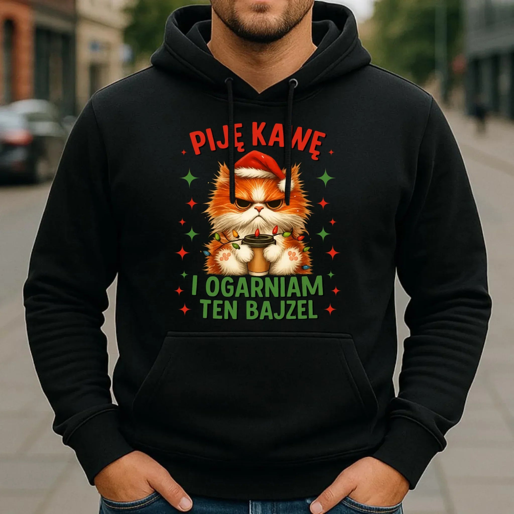 Bluza męska z kapturem świąteczna - Kot Piję kawę i ogarniam ten bajzel BN39 - StoryCups.pl
