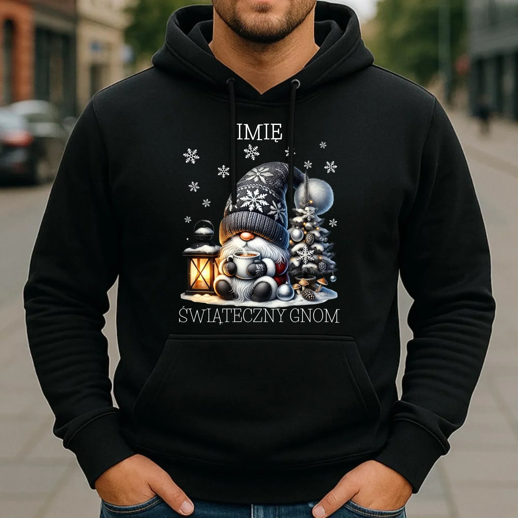 Bluza męska z kapturem świąteczna - Gnom z czekoladą - personalizowana BN41 - StoryCups.pl
