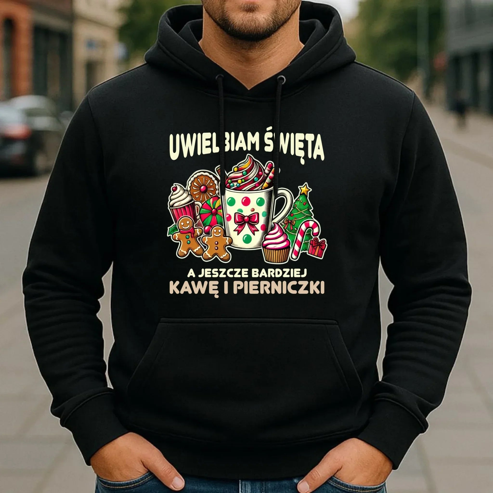 Bluza męska z kapturem świąteczna - Uwielbiam święta kawę i pierniczki BN47 - StoryCups.pl