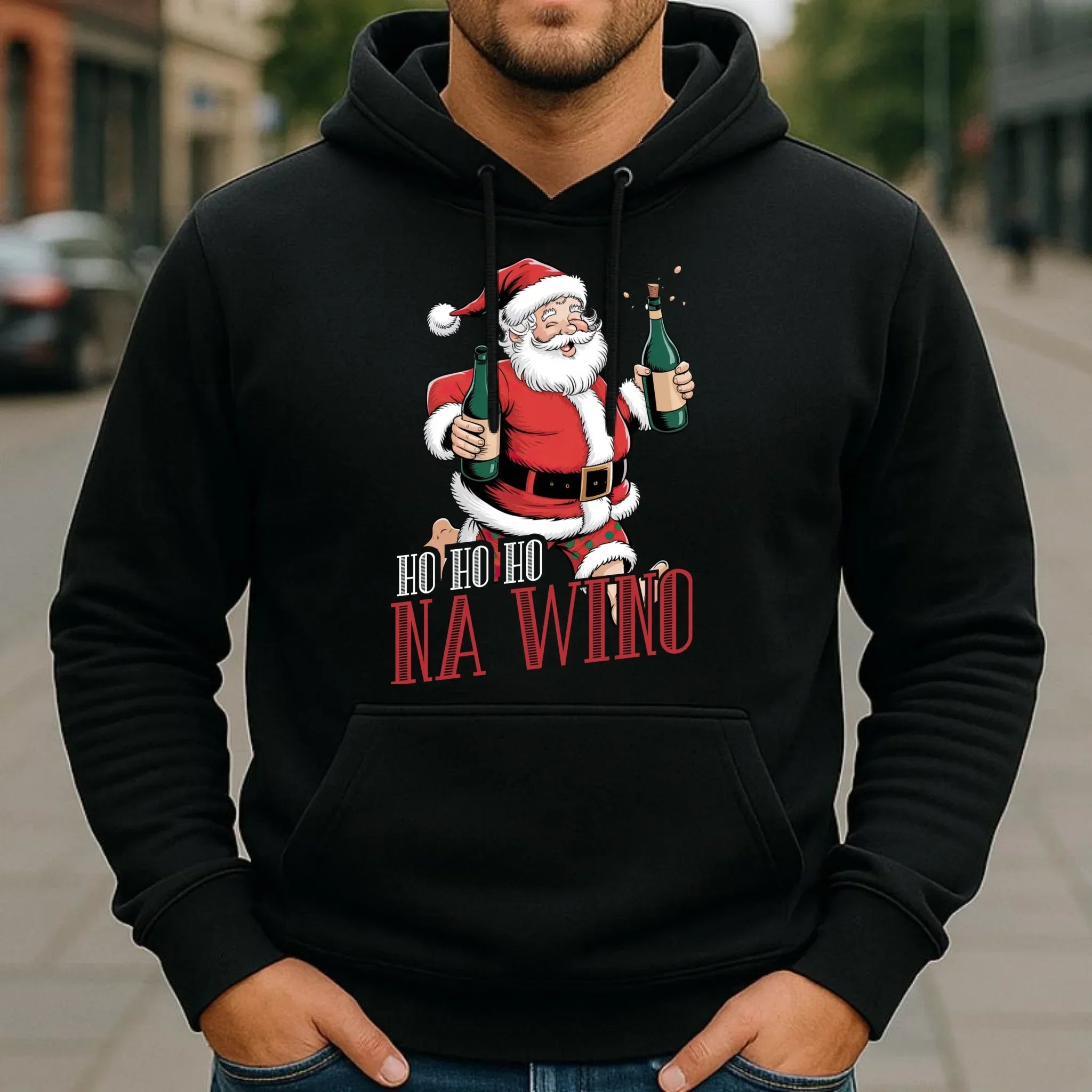 Bluza męska z kapturem świąteczna - Mikołaj Ho ho ho na wino BN61 - StoryCups.pl