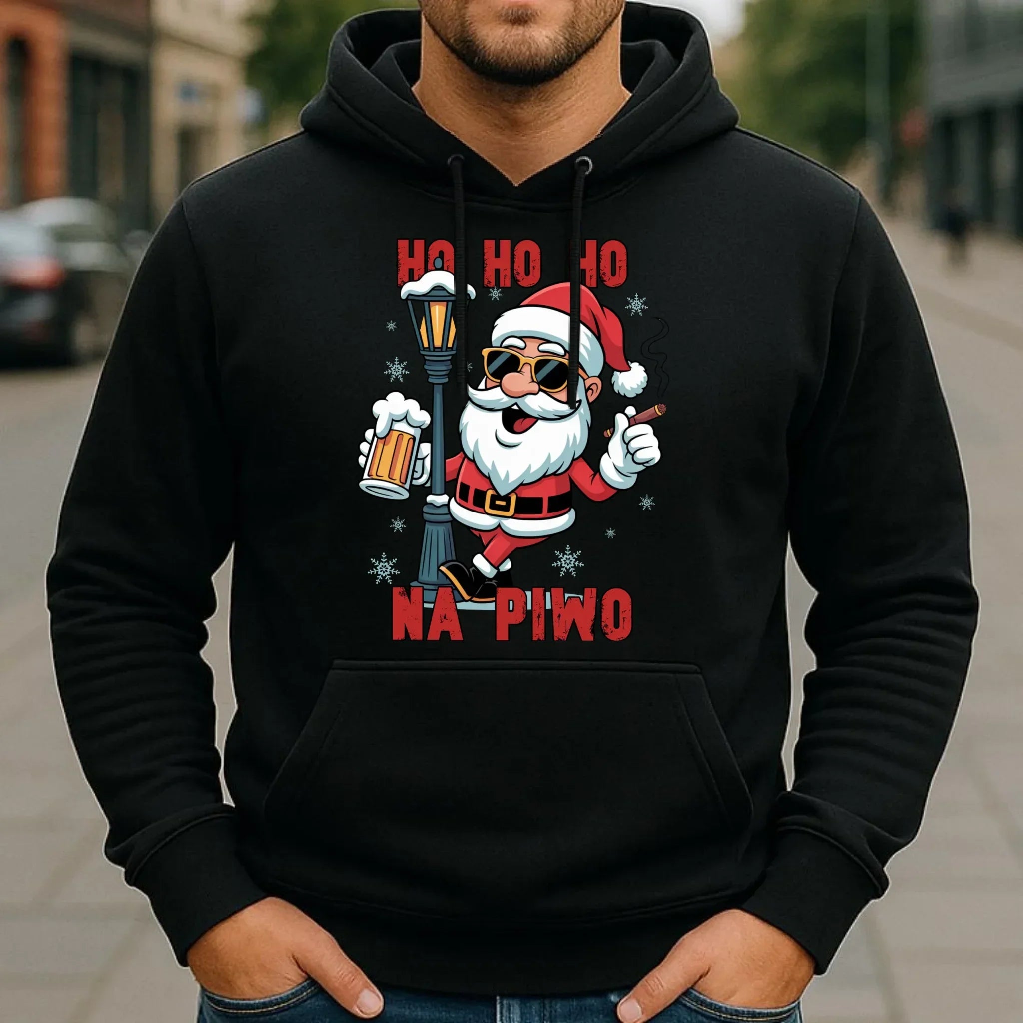 Bluza męska z kapturem świąteczna - Mikołaj Ho ho ho na piwo BN64 - StoryCups.pl