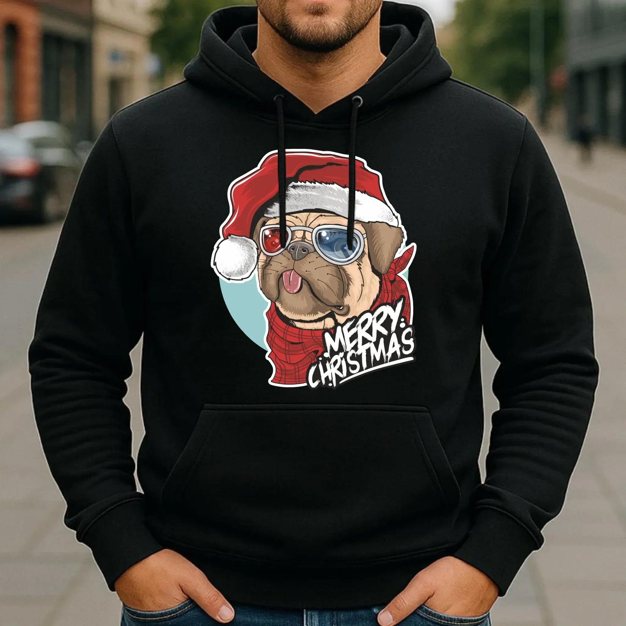 Bluza męska z kapturem świąteczna - Mops Merry Christmas BN62 - StoryCups.pl