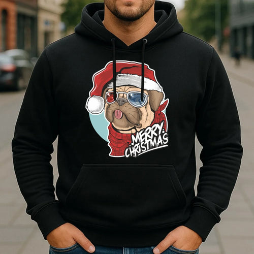 Bluza męska z kapturem świąteczna - Mops Merry Christmas BN62 - StoryCups.pl