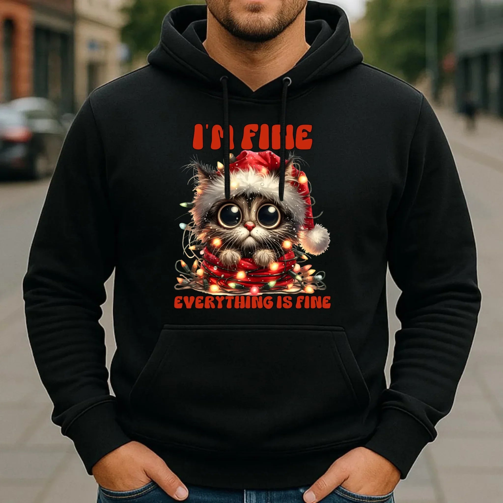 Bluza męska z kapturem świąteczna - Kotek I'm fine everything is fine BN67 - StoryCups.pl