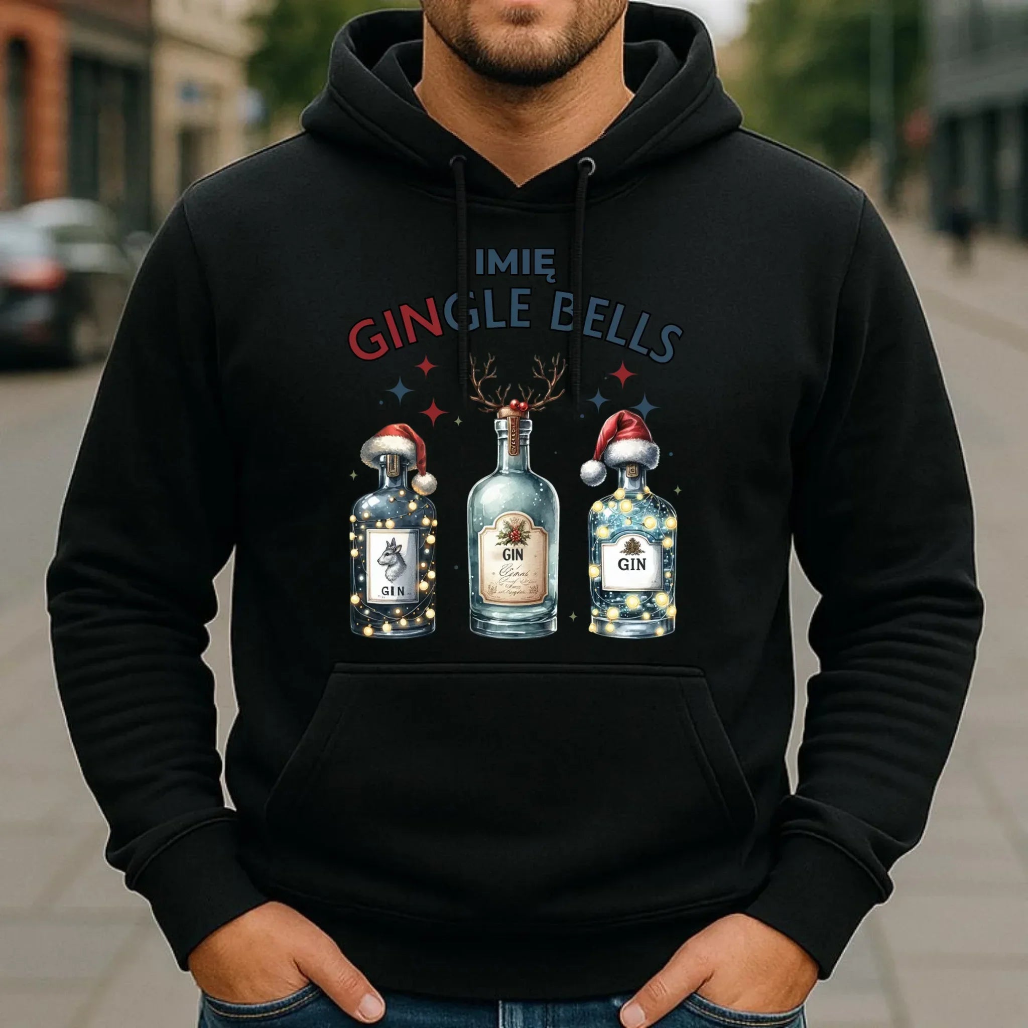 Bluza męska z kapturem świąteczna - Gin Gingle bells - personalizowana BN68 - StoryCups.pl