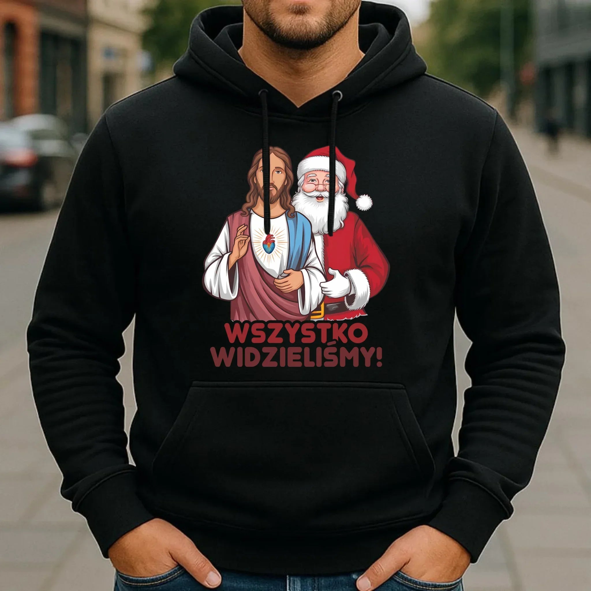 Bluza męska z kapturem świąteczna - Jezus i Mikołaj Wszystko widzieliśmy BN89 - StoryCups.pl