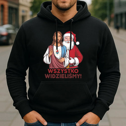 Bluza męska z kapturem świąteczna - Jezus i Mikołaj Wszystko widzieliśmy BN89 - StoryCups.pl