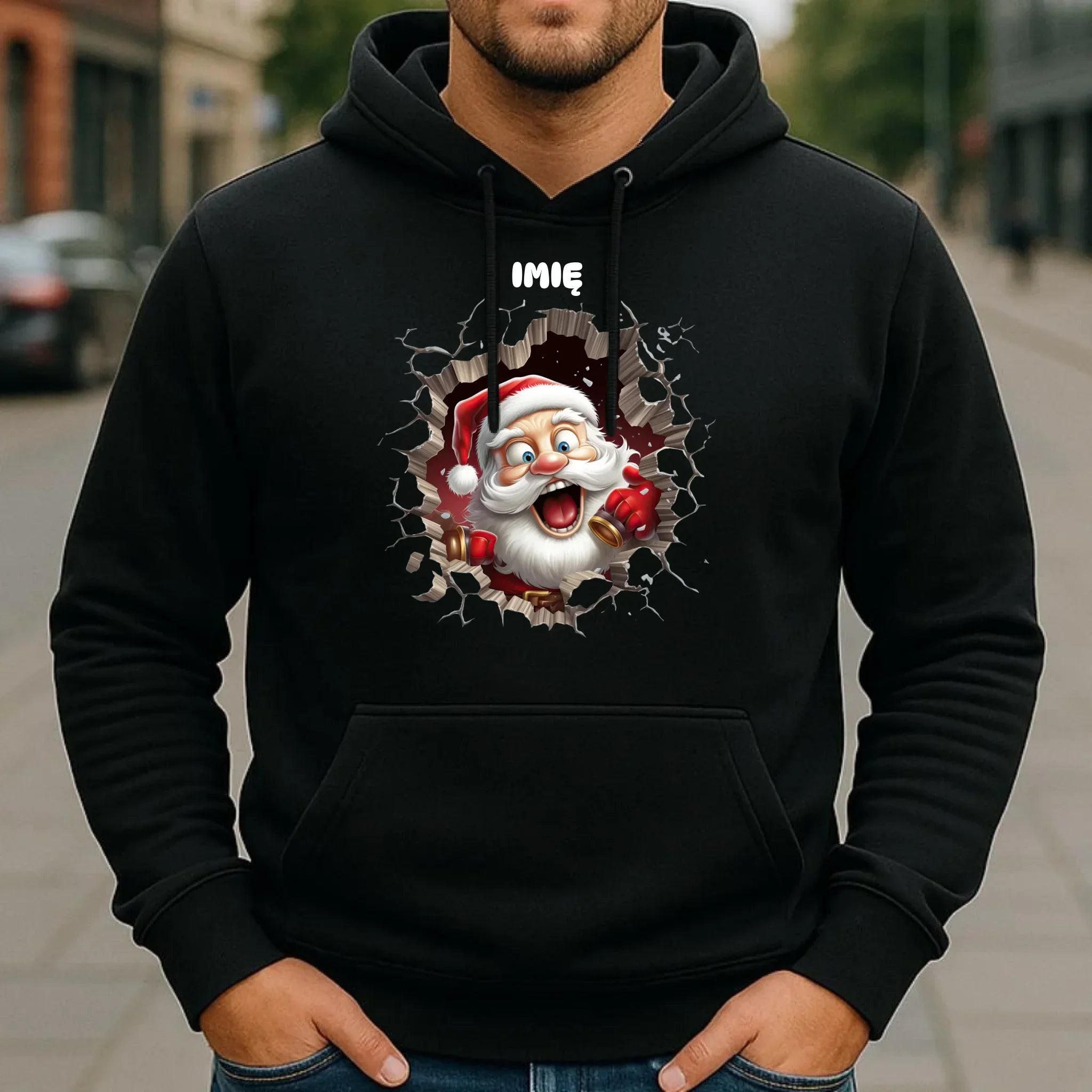 Bluza męska z kapturem świąteczna - Mikołaj 3D - personalizowana BN85 - StoryCups.pl