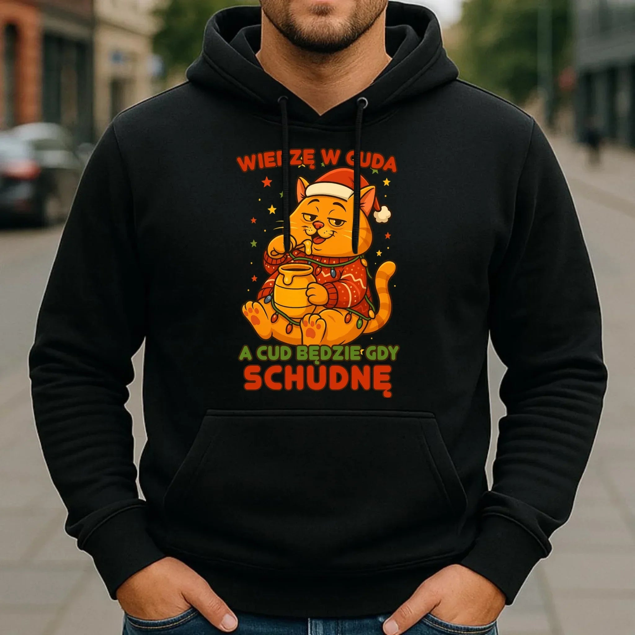 Bluza męska z kapturem świąteczna - Wierzę w cuda, a cud będzie gdy schudnę BN88 - StoryCups.pl