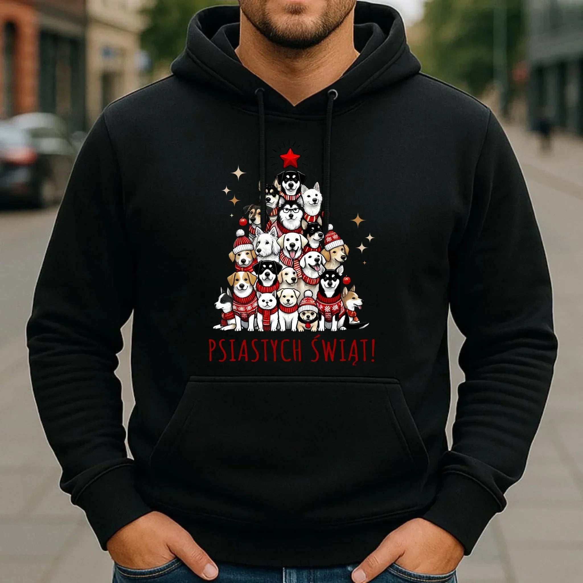 Bluza męska z kapturem świąteczna - Psia choinka Psiastych Świąt BN90 - StoryCups.pl