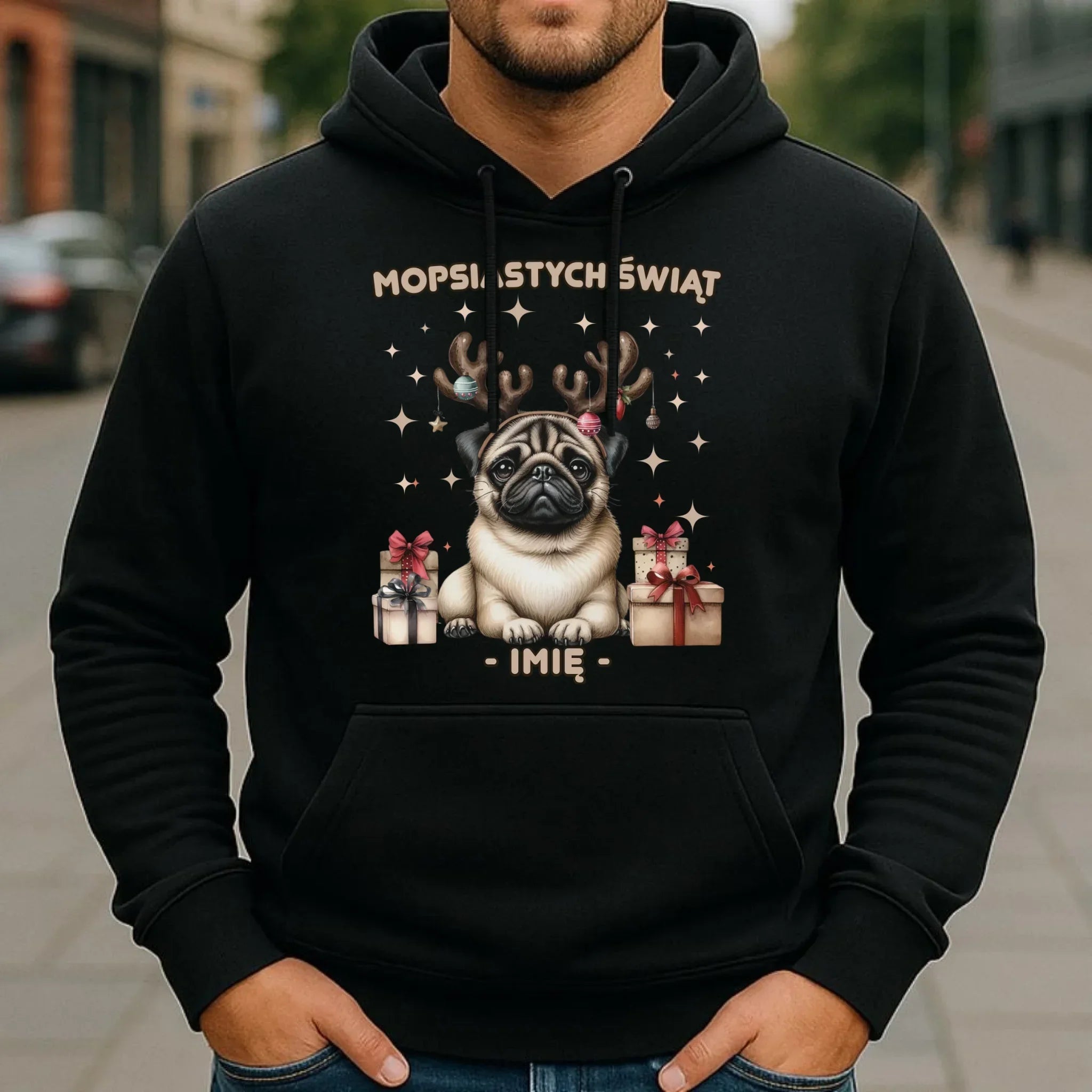 Bluza męska z kapturem świąteczna - Mops Mopsiastych świąt - personalizowana BN91 - StoryCups.pl