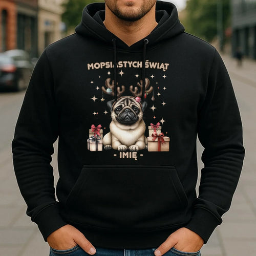 Bluza męska z kapturem świąteczna - Mops Mopsiastych świąt - personalizowana BN91 - StoryCups.pl