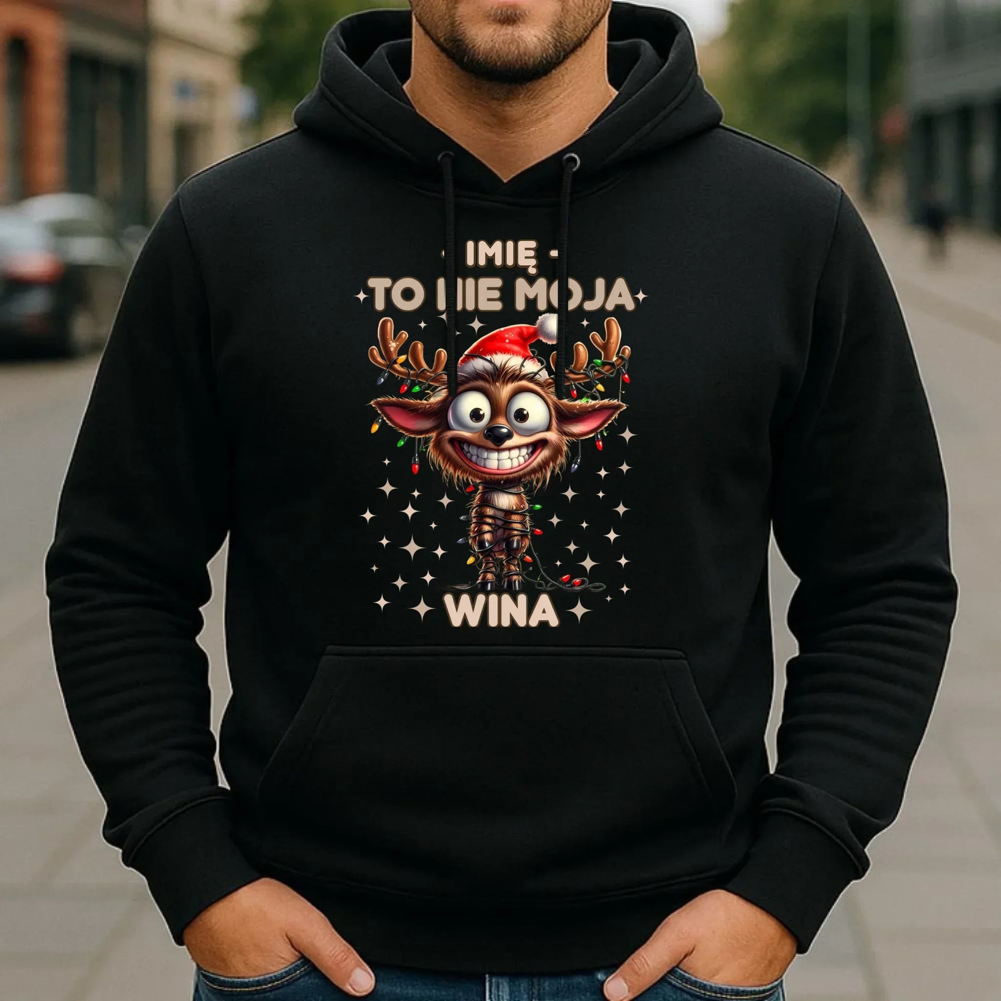 Bluza męska z kapturem świąteczna - Renifer To nie moja wina - personalizowana BN93 - StoryCups.pl