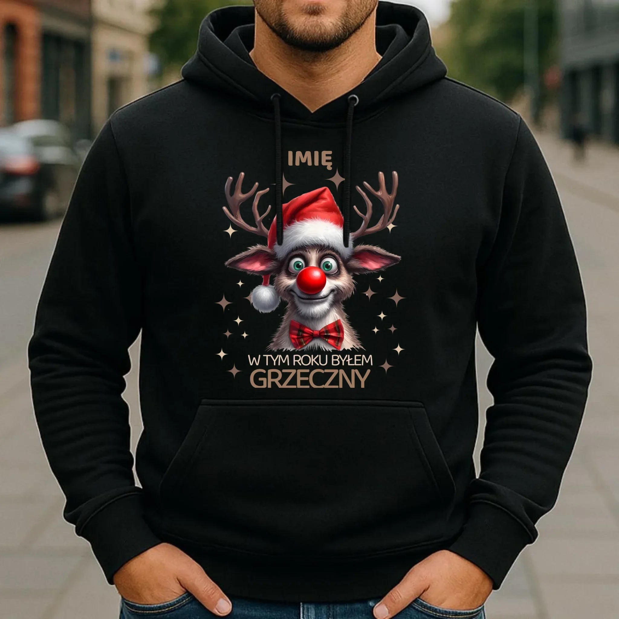 Bluza męska z kapturem świąteczna - Renifer W tym roku byłem grzeczny - personalizowana BN96 - StoryCups.pl
