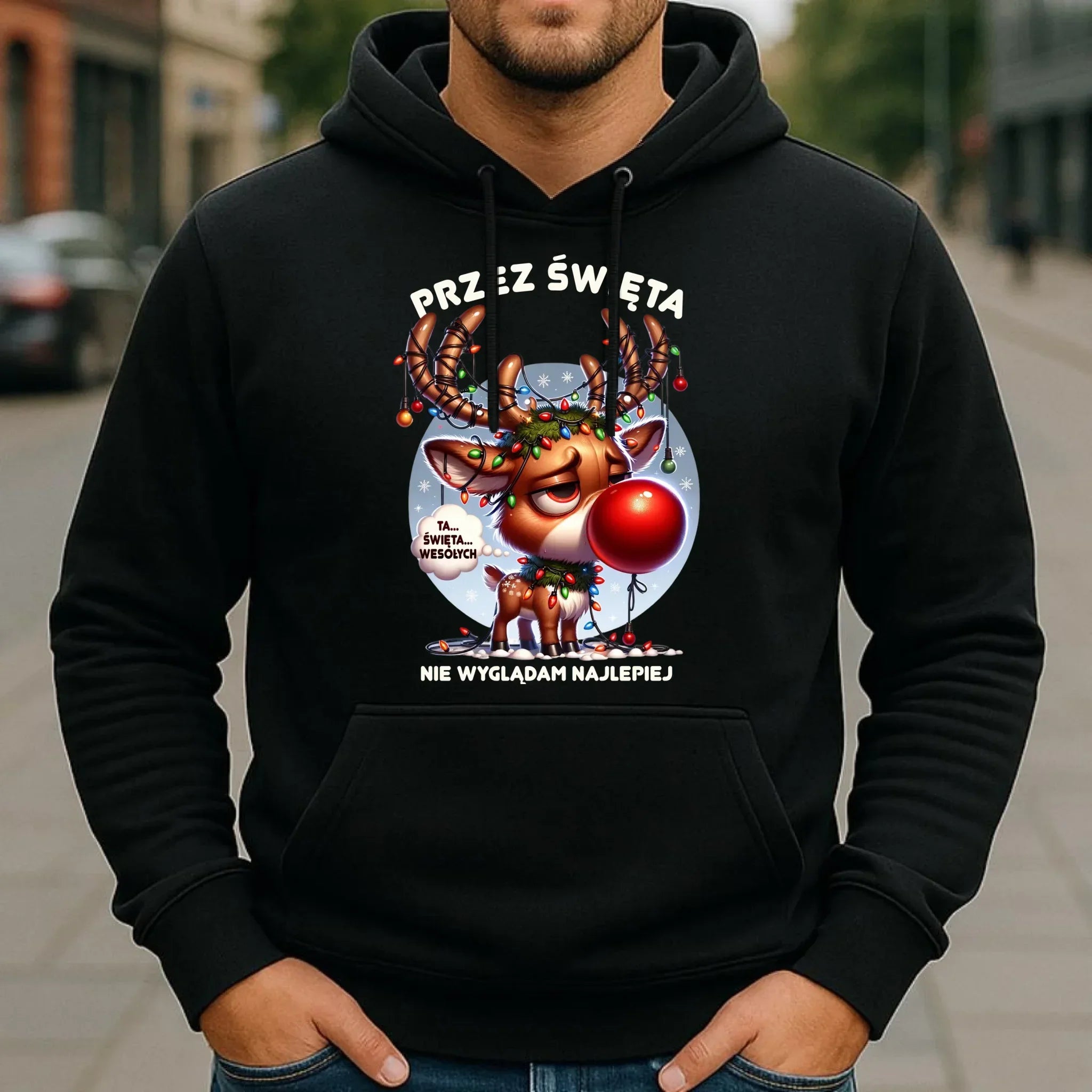 Bluza męska z kapturem świąteczna - Renifer Przez święta nie wyglądam najlepiej BN98 - StoryCups.pl