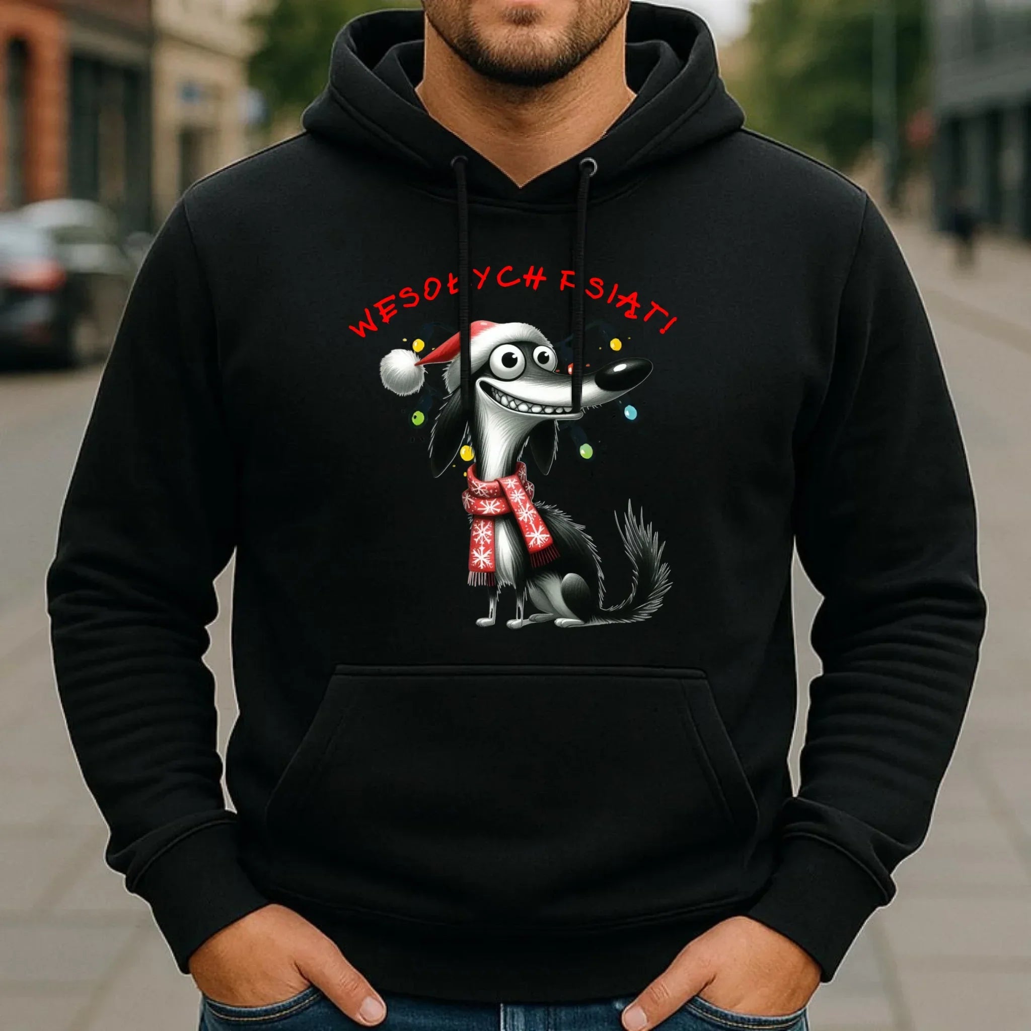 Bluza męska z kapturem świąteczna - Pies Wesołych psiąt BN140 - StoryCups.pl