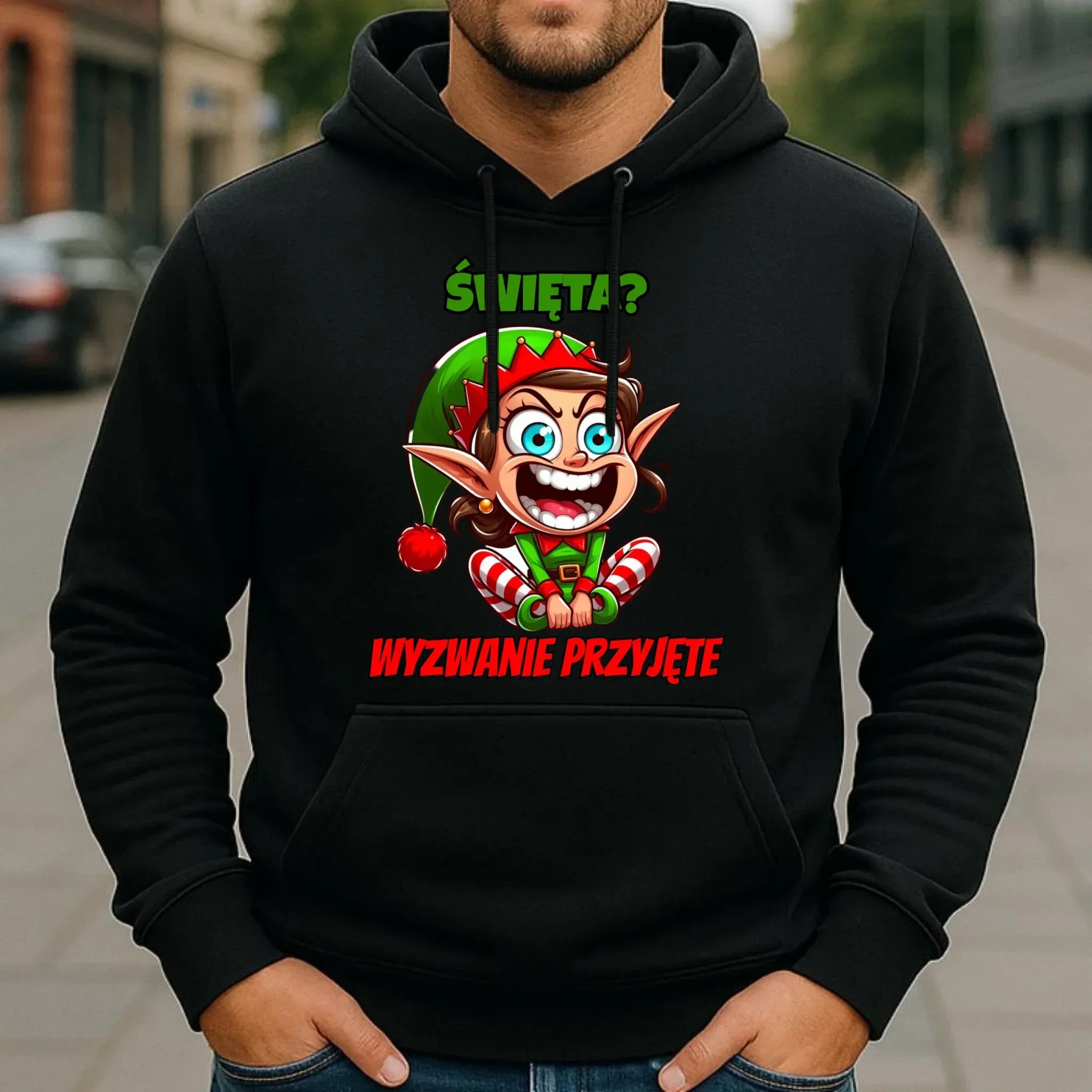 Bluza męska z kapturem świąteczna - Skrzat Wyzwanie przyjęte BN100 - StoryCups.pl