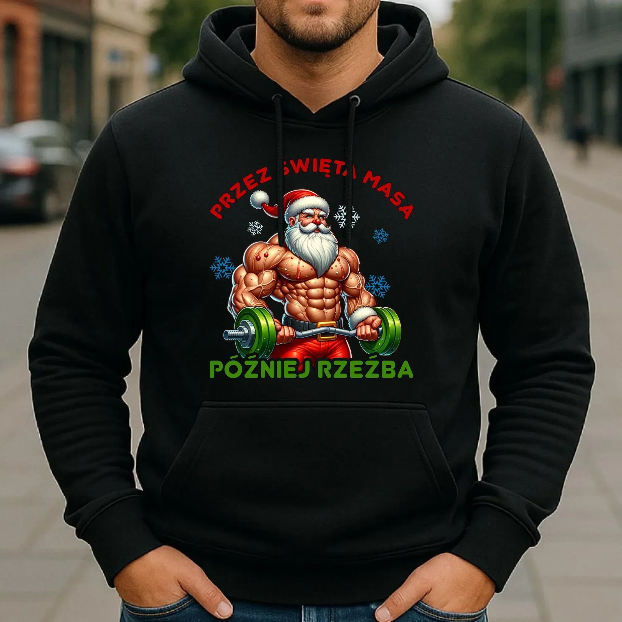 Bluza męska z kapturem świąteczna - Mikołaj na siłowni - Przez święta masa, później rzeźba BN139 - StoryCups.pl
