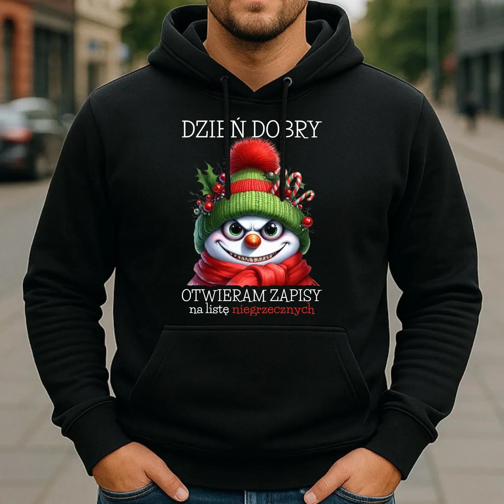 Bluza męska z kapturem świąteczna - Niegrzeczny bałwan - Dzień dobry otwieram zapisy na listę BN121 - StoryCups.pl