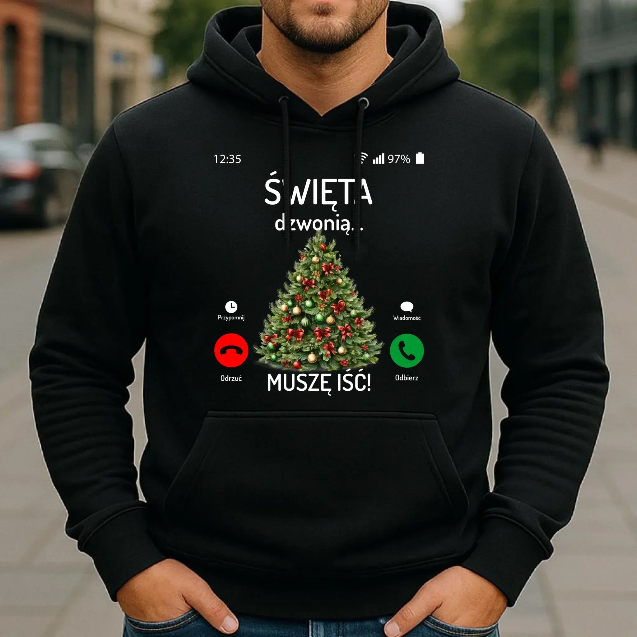 Bluza męska z kapturem świąteczna - Choinka Święta dzwonią muszę iść BN124 - StoryCups.pl