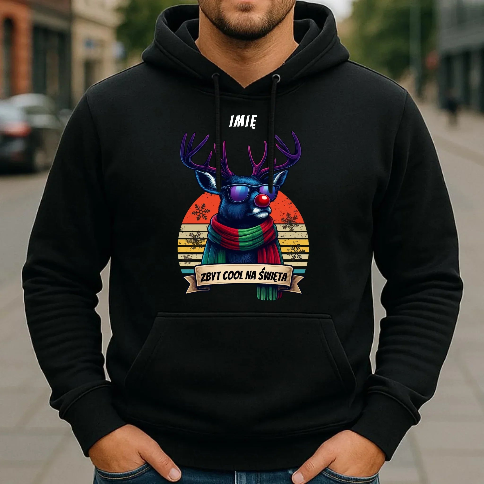 Bluza męska z kapturem świąteczna z reniferem - Zbyt cool na święta - personalizowana BN128 - StoryCups.pl