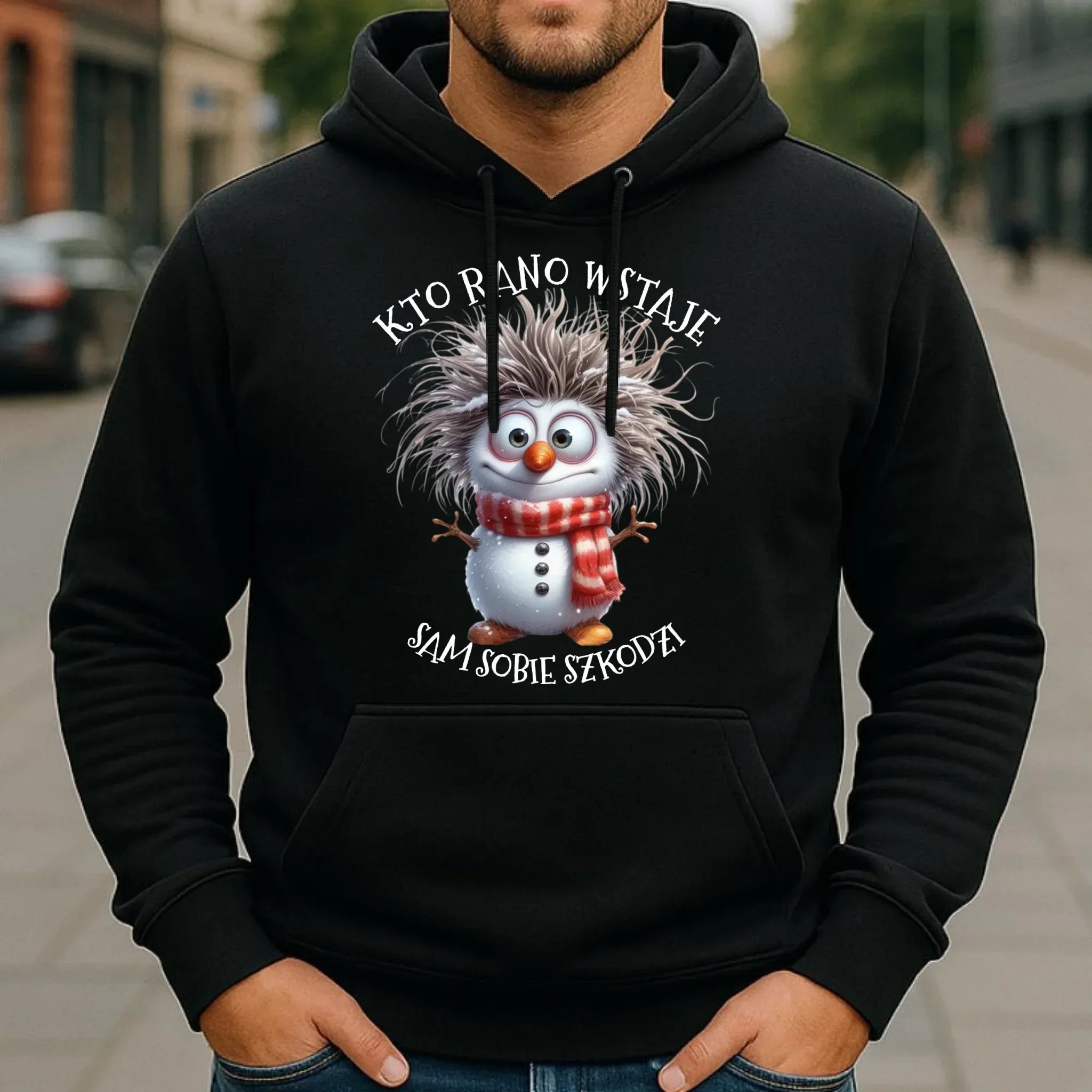Bluza męska z kapturem świąteczna - Bałwanek - Kto rano wstaje sam sobie szkodzi BN133 - StoryCups.pl