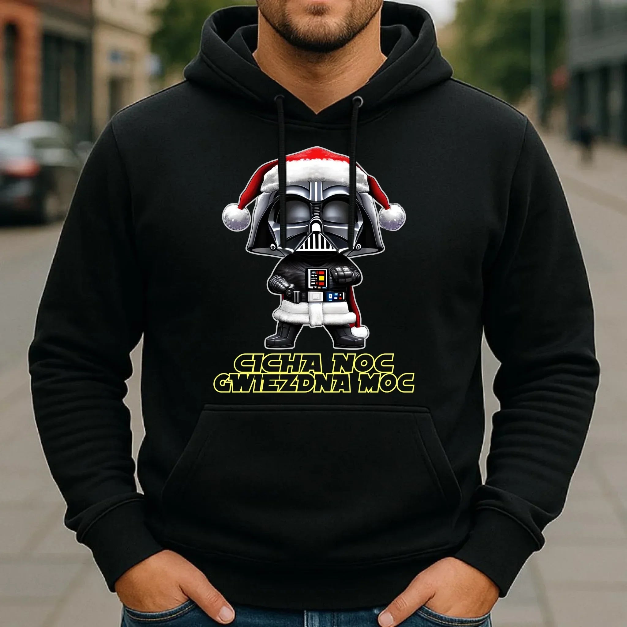Bluza męska z kapturem świąteczna dla fanów Gwiezdnych Wojen - Cicha noc, gwiezdna moc BN132 - StoryCups.pl