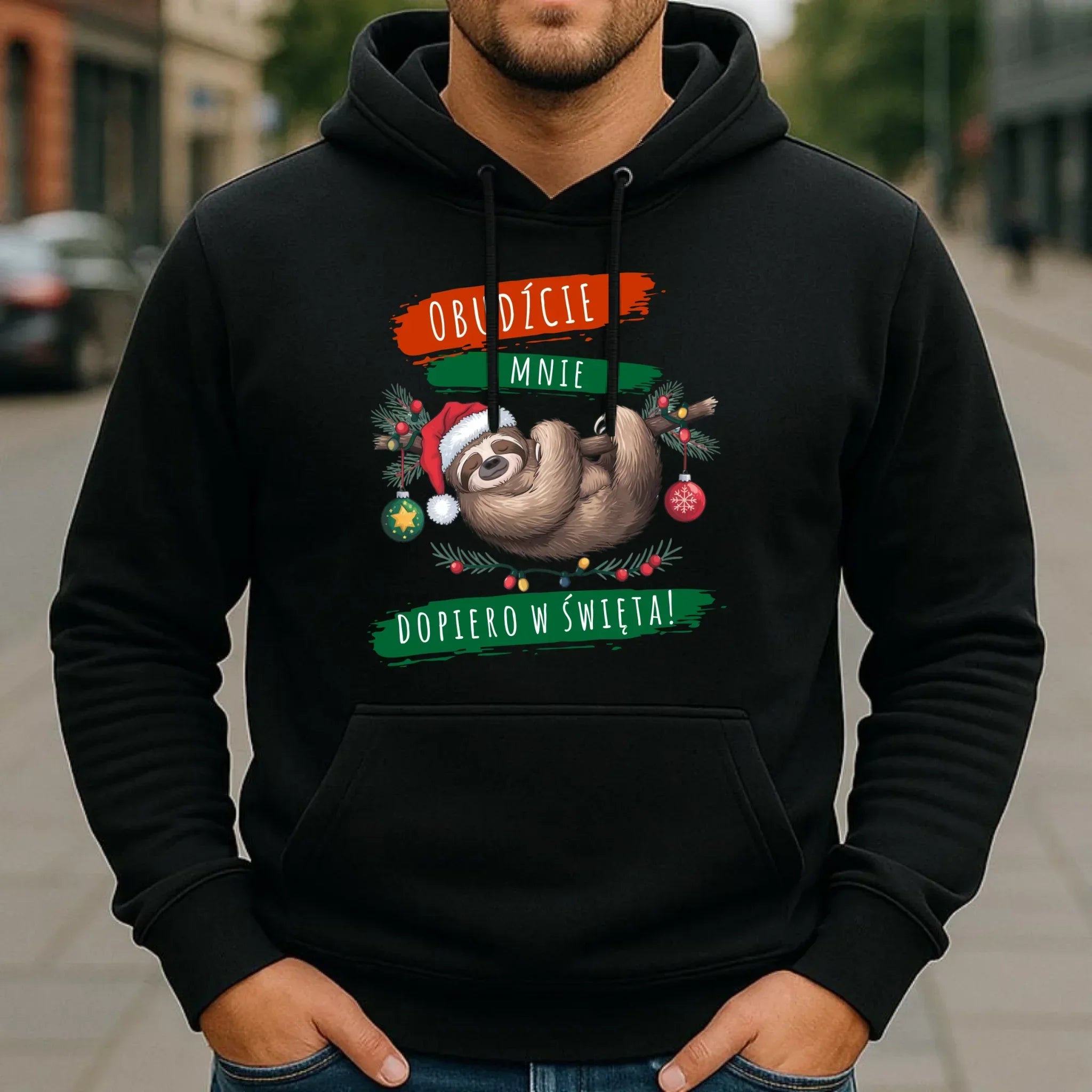 Bluza męska z kapturem świąteczna - Leniwiec - Obudźcie mnie dopiero w święta BN02 - StoryCups.pl