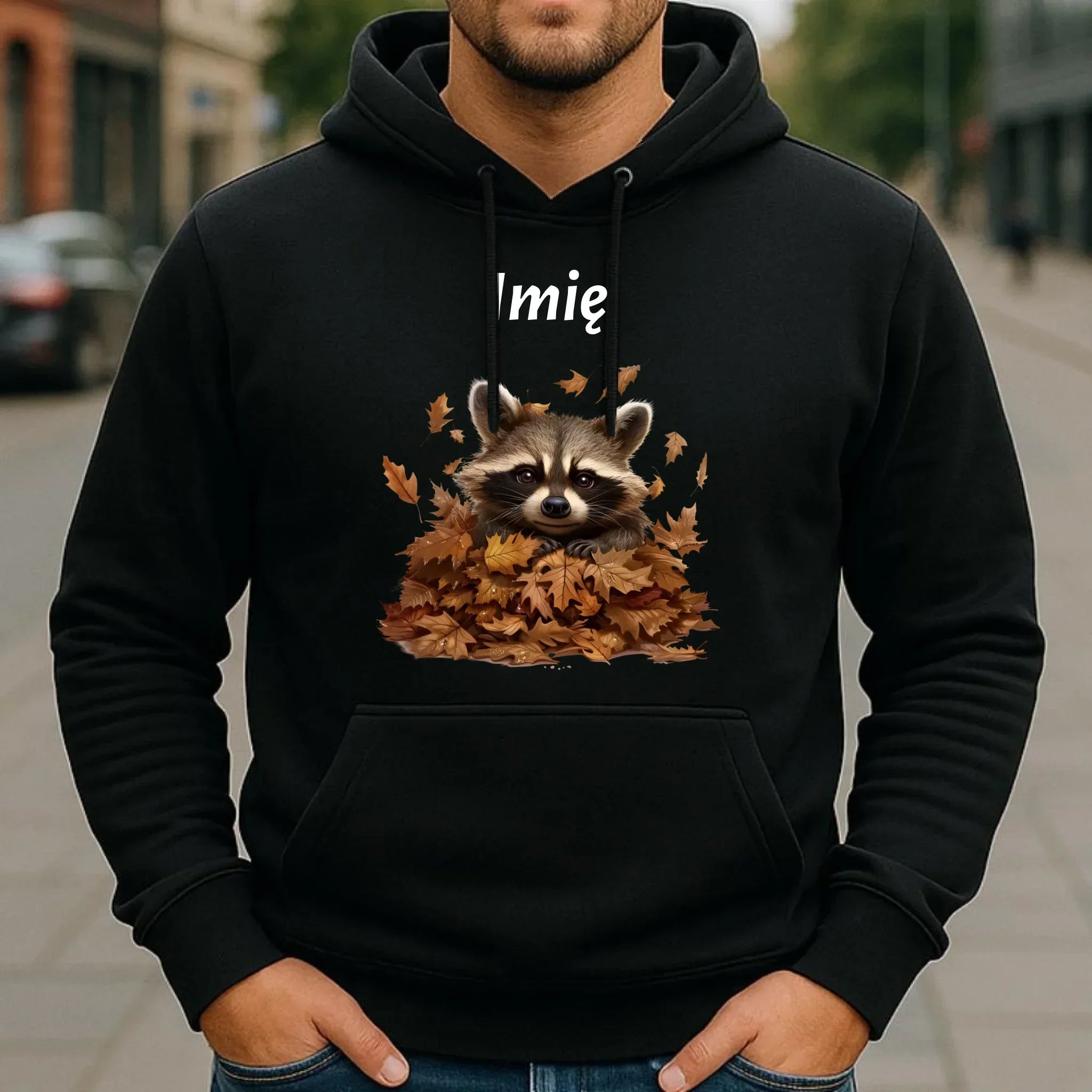 Bluza męska z kapturem jesienna - Szop w liściach - personalizowana JS24 - StoryCups.pl