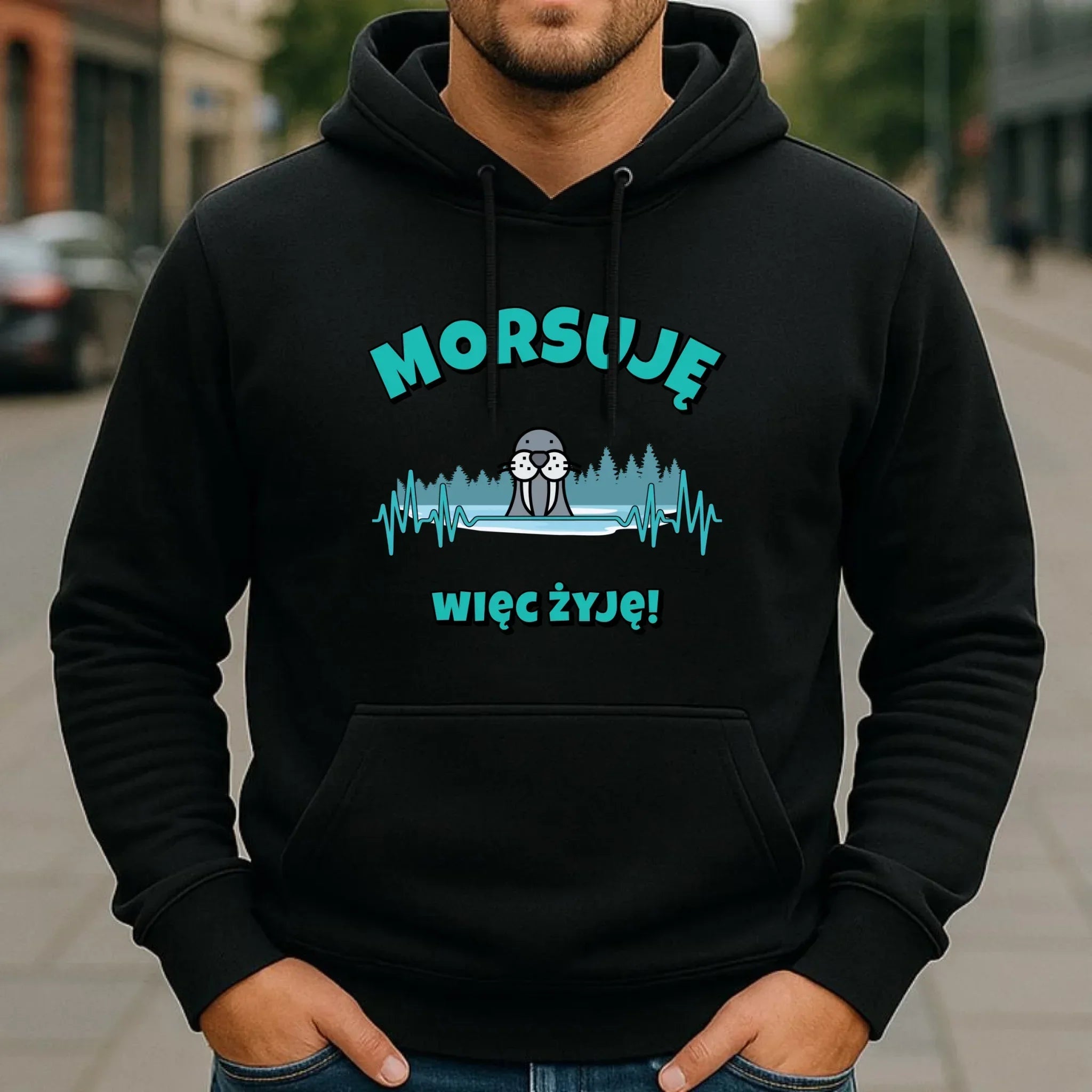 Bluza męska z kapturem - prezent dla morsa - Morsuję więc żyję - Mors HM02