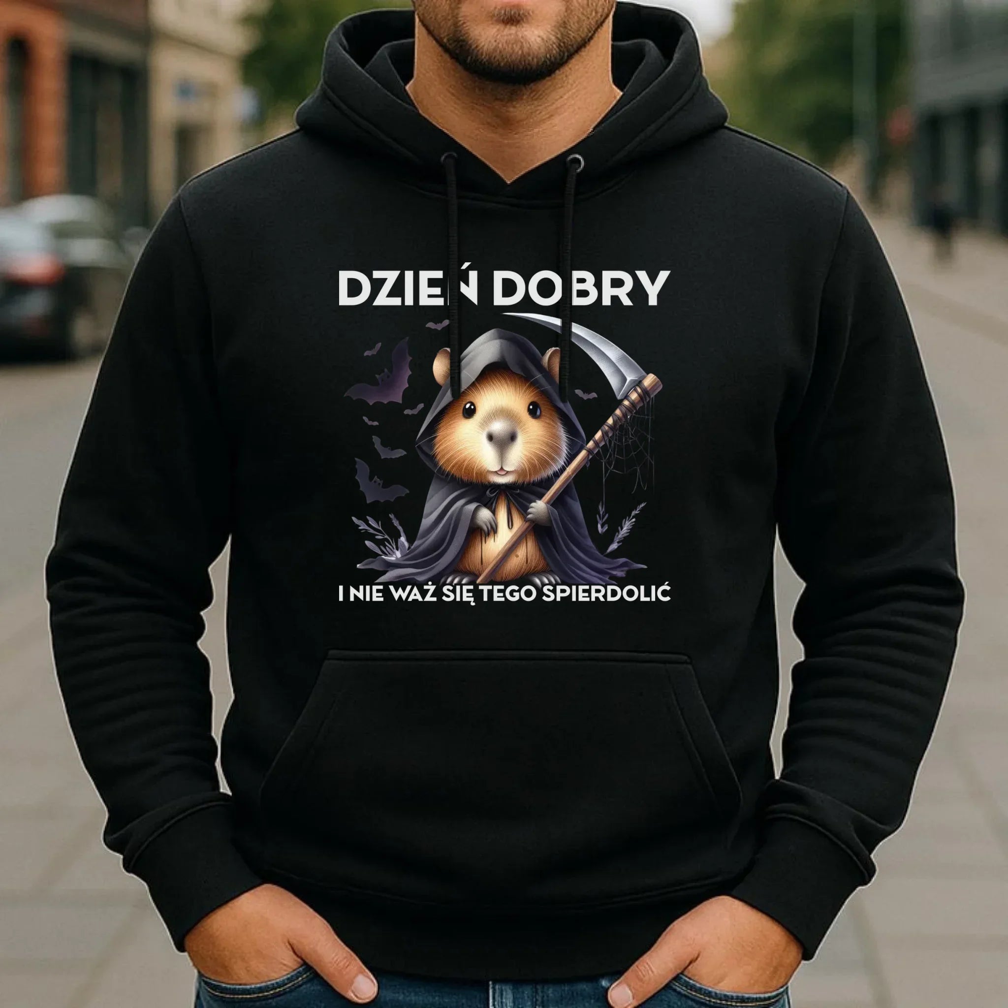 Bluza męska z kapturem na halloween - Kapibara Żniwiarz - Dzień dobry - bez cenzury HL20 - StoryCups.pl