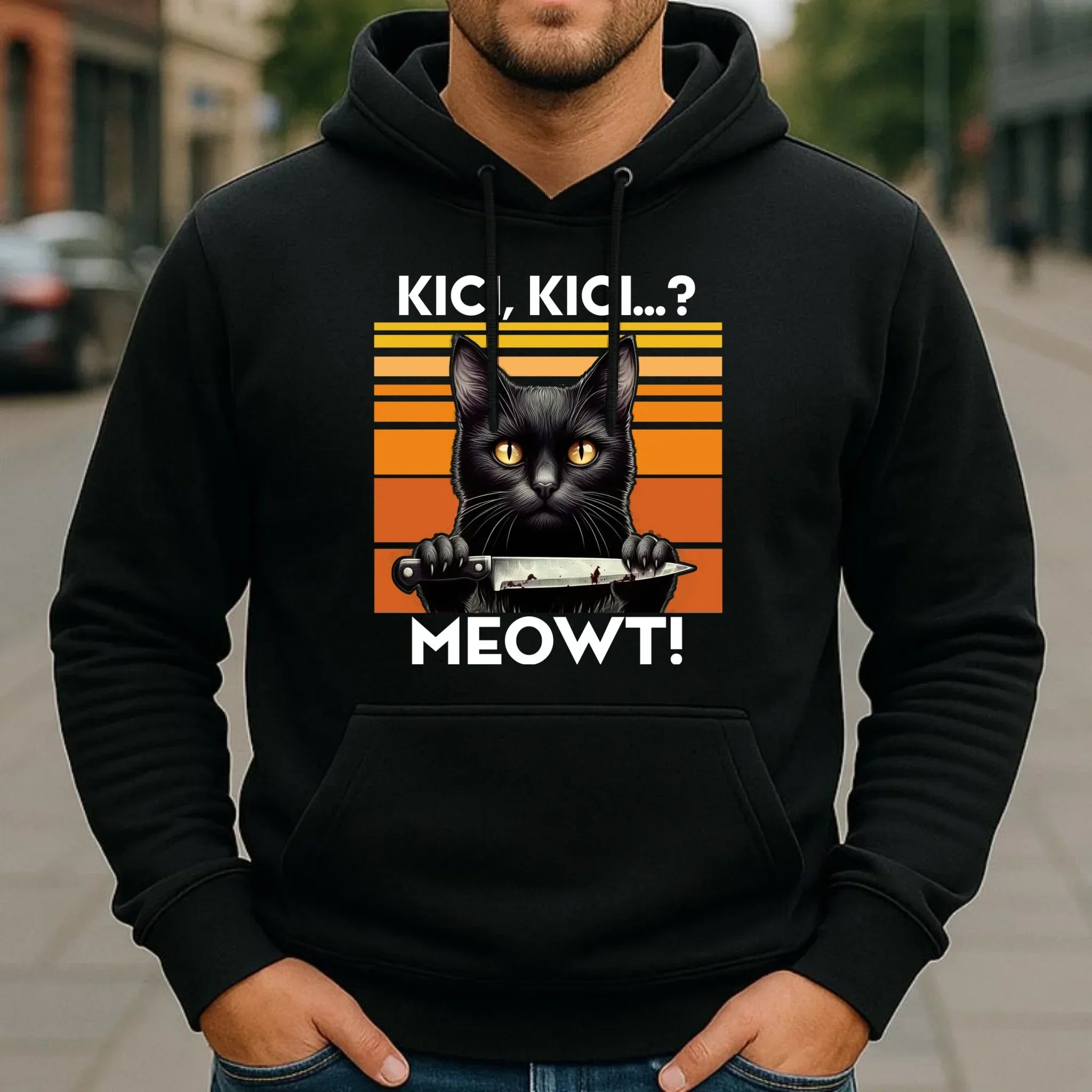 Bluza męska z kapturem - Kot z nożem - Kici, kici... MEOWT! HL17 - StoryCups.pl