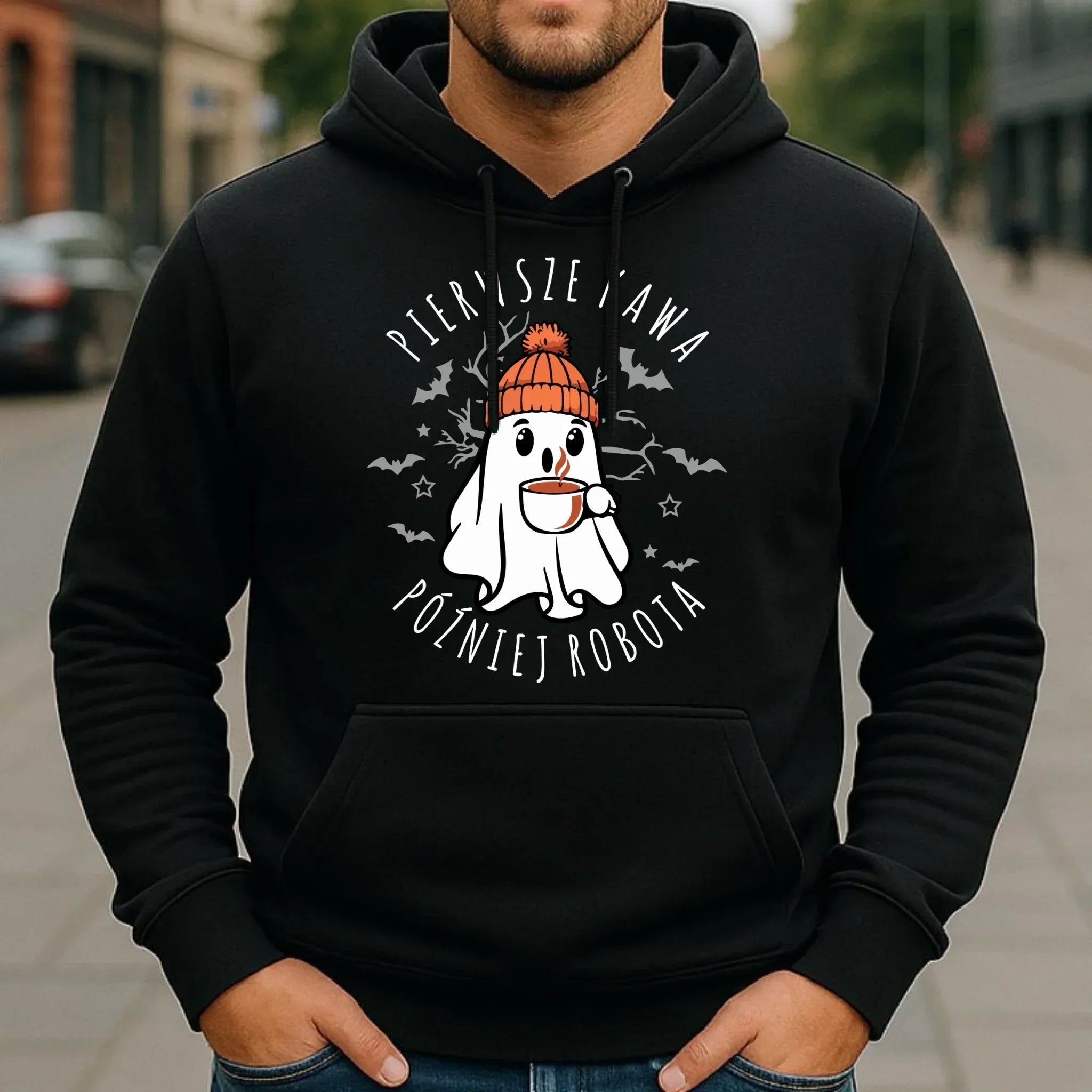 Bluza męska z kapturem na Halloween - Duch z kawą - Pierwsze kawa później robota HL01 - StoryCups.pl
