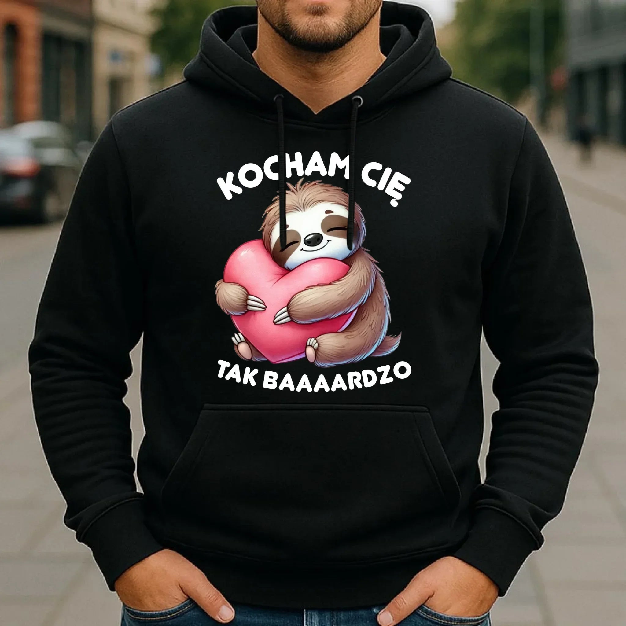 Bluza męska z kapturem - Leniwiec Kocham Cię tak baaaardzo W16 - StoryCups.pl