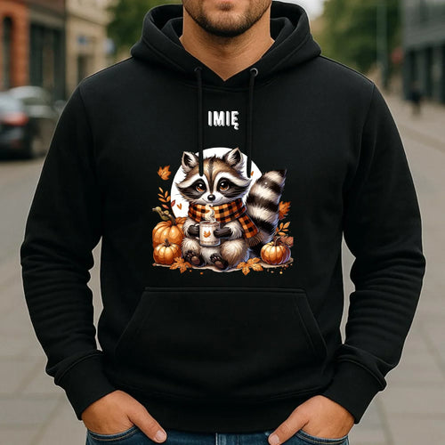 Bluza męska z kapturem jesienna – Szop z kawą i dyniami - personalizowana JS16 - StoryCups.pl