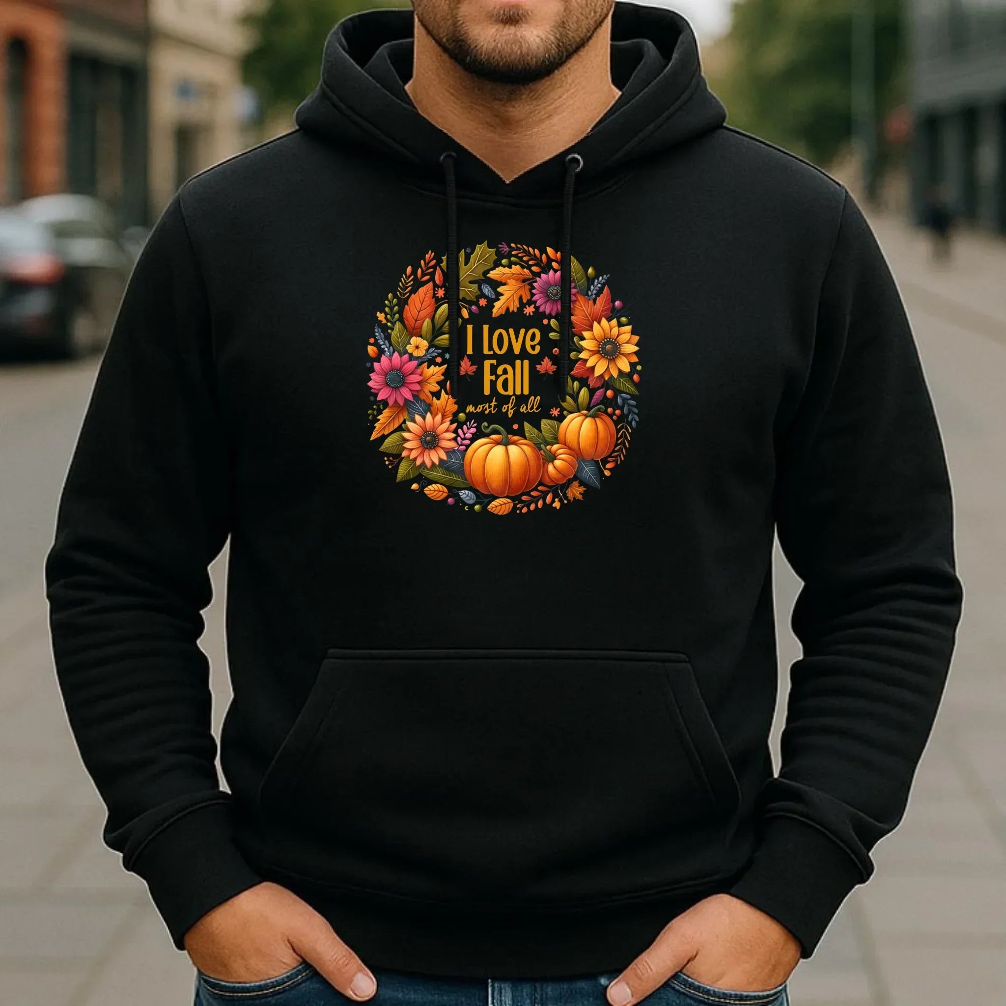 Bluza męska z kapturem jesienna - Kocham jesień - dynia z liśćmi JS03 - StoryCups.pl