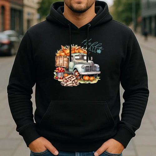 Bluza męska z kapturem jesienna – Hello Fall ciężarówka z dyniami JS08 - StoryCups.pl