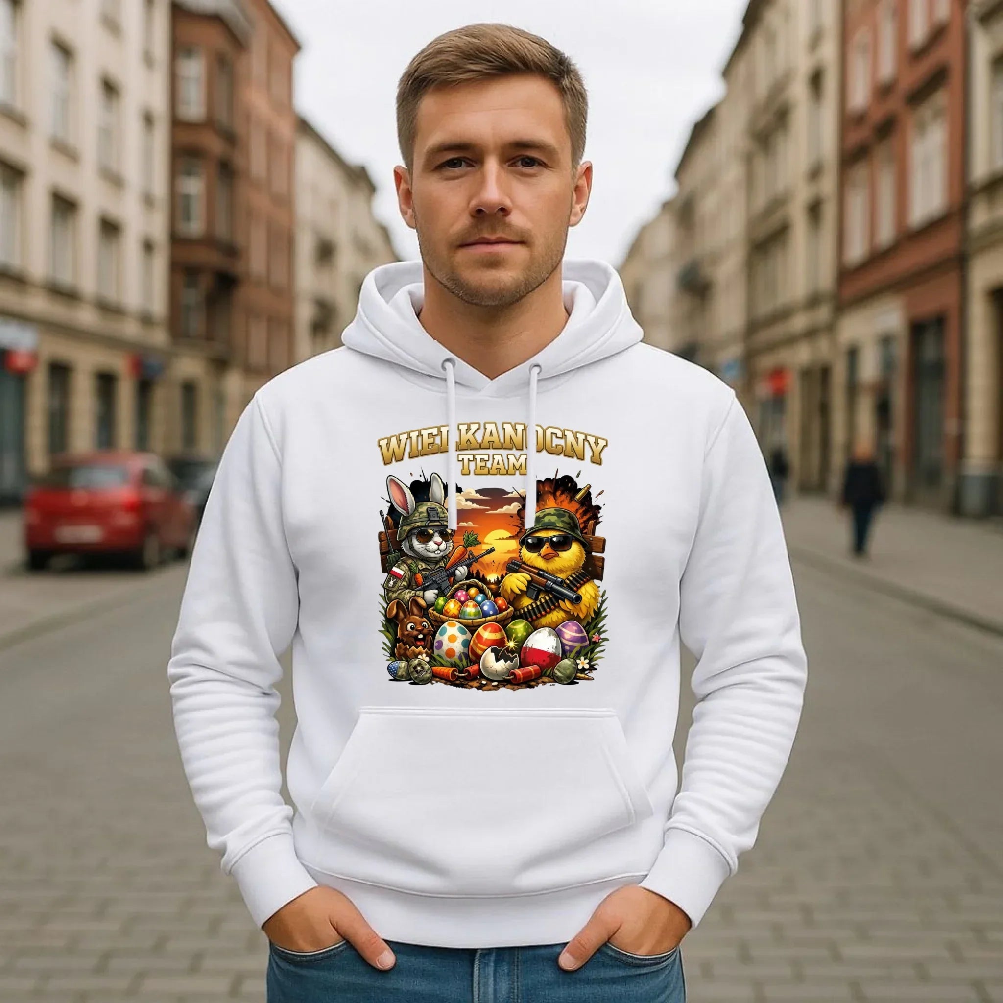 Bluza męska z kapturem na Wielkanoc - Kurczak i zając armia Wielkanocny Team WN37 - StoryCups.pl