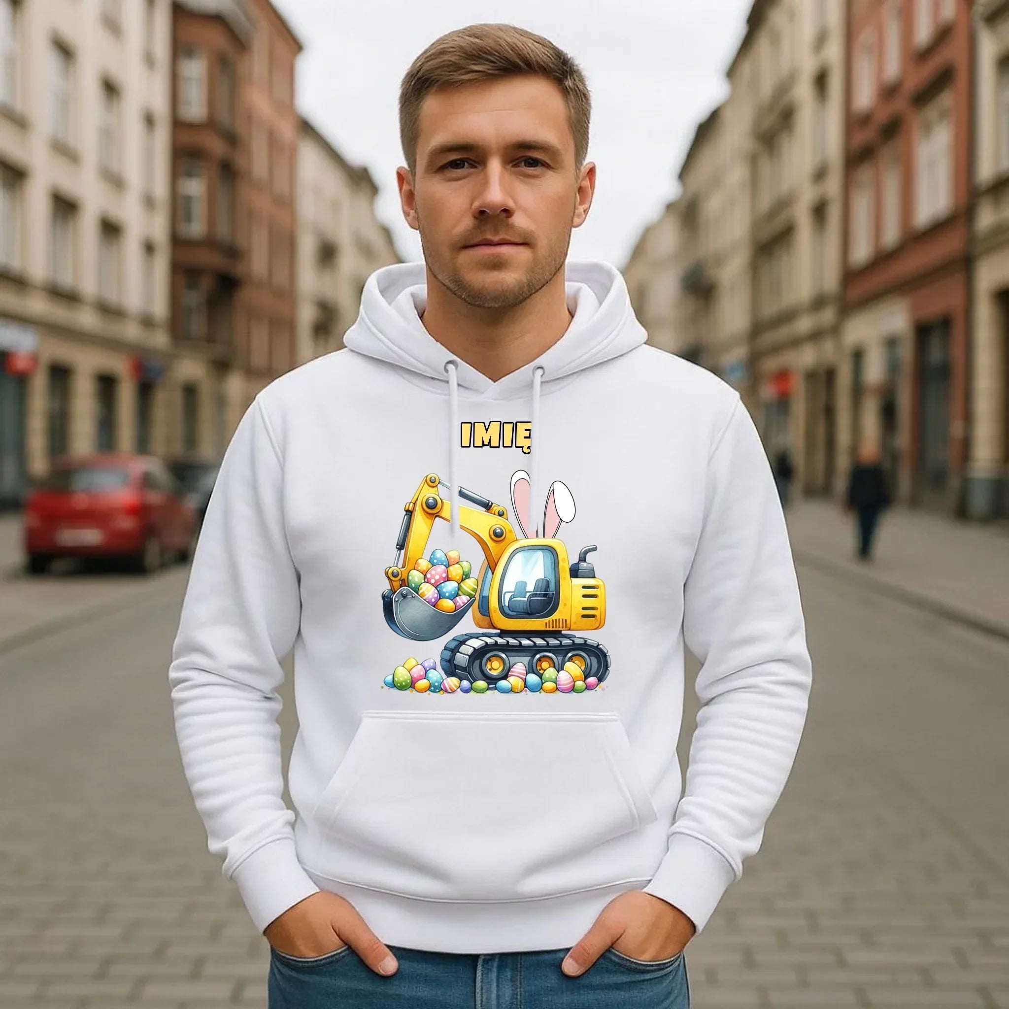 Bluza męska z kapturem na Wielkanoc - Koparka z pisankami - personalizowana WN17 - StoryCups.pl