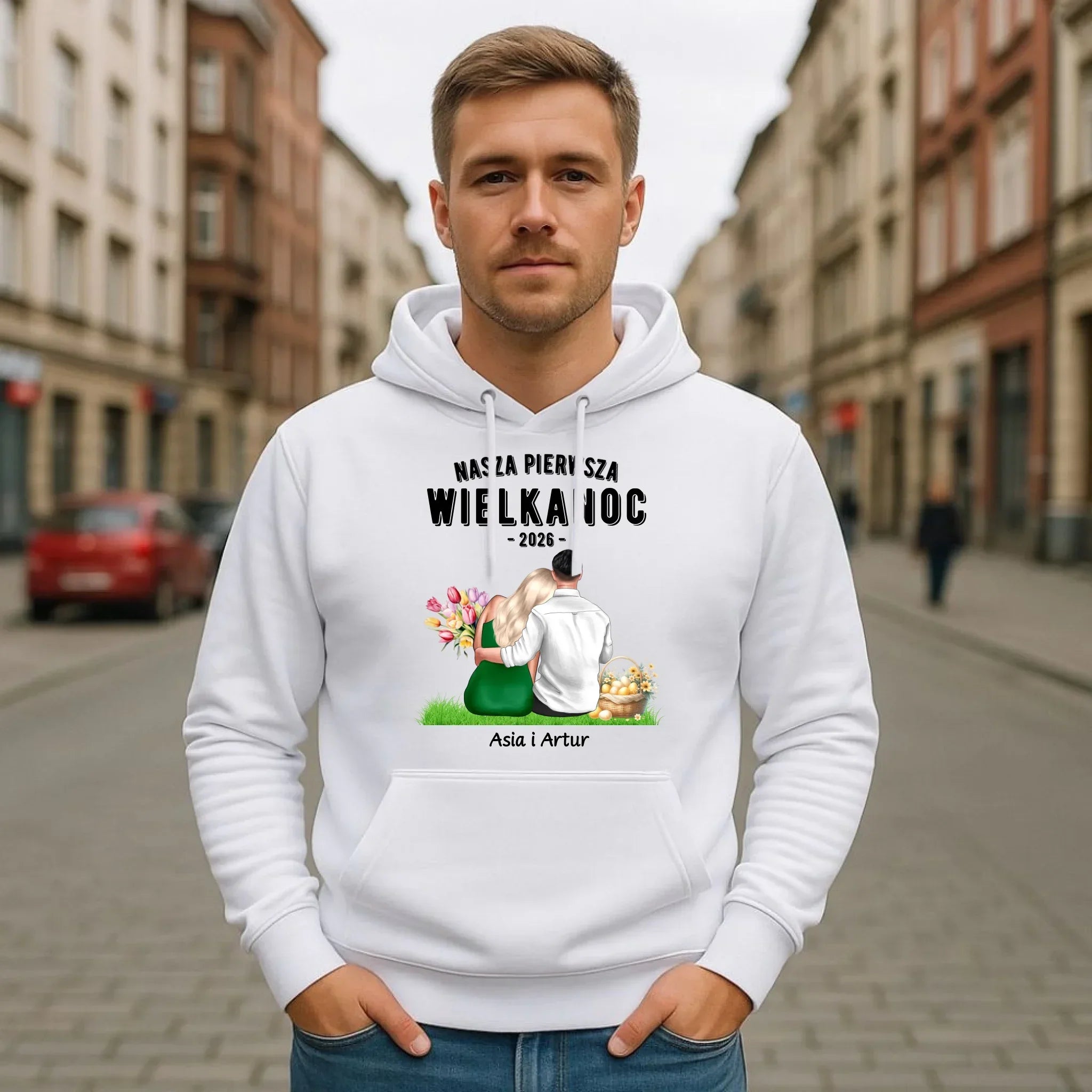 Bluza męska z kapturem wielkanocna dla par - Nasza pierwsza Wielkanoc - personalizowana WN16 - StoryCups.pl